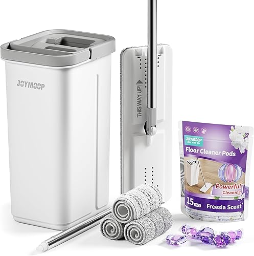 JOYMOOP Trapeador y cubo con escurridor y cápsulas limpiadoras de pisos, trapeador de piso plano con 3 almohadillas de microfibra reutilizables, uso