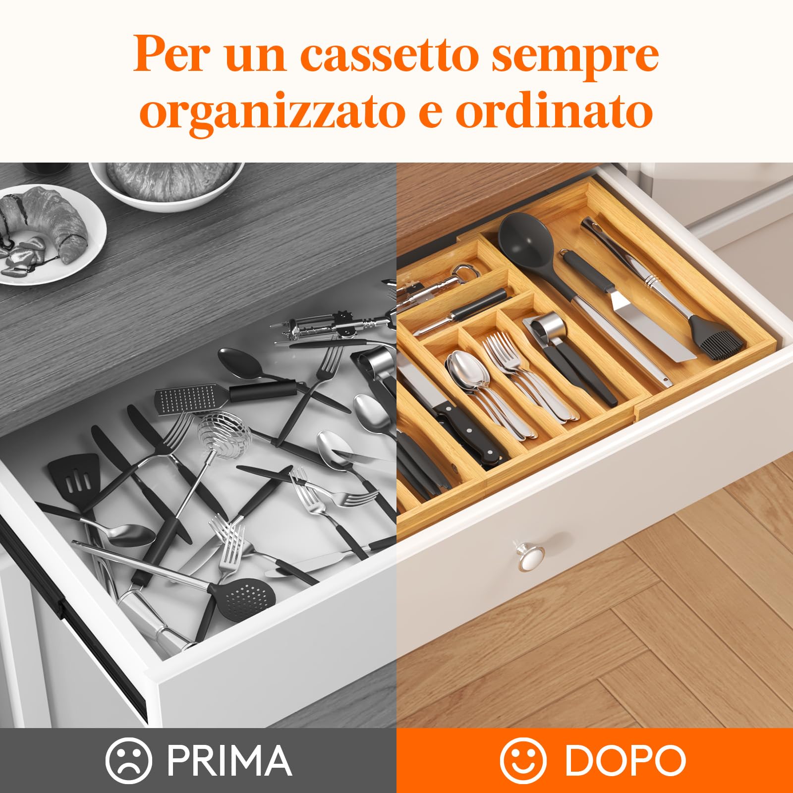Lifewit Portaposate da Cassetto Grande, Espandibile da 53,3 a 91,4 cm di Larghezza, Porta Posate Cucina Cassetto, Organizer Cucina in Bambù per Posate, Cucchiai, Forchette, Coltelli, Naturale