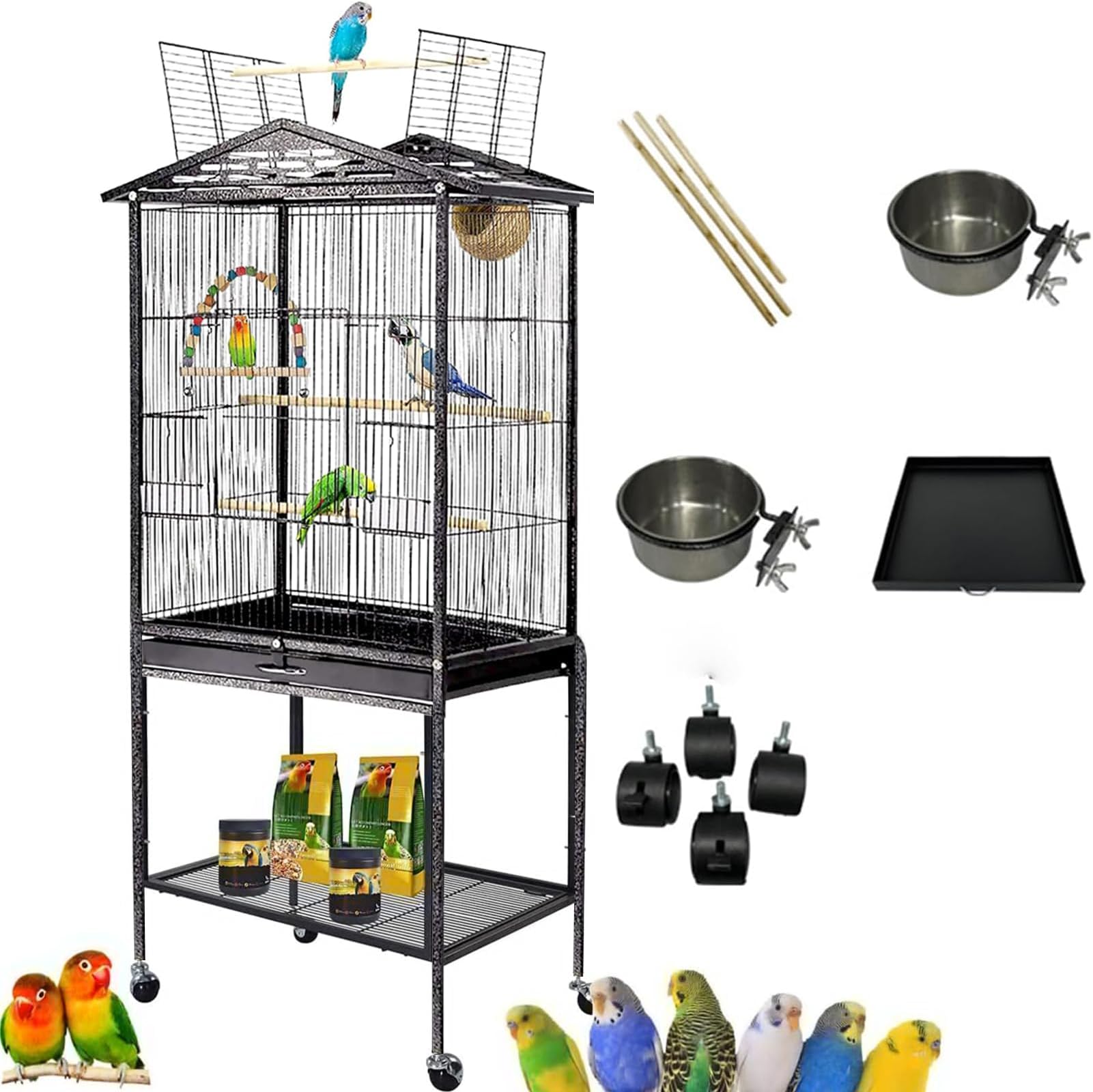 TDOO 47'' Bird Cage, Bird Flight Cages with Rolling Stand & Bottom Tray, Wrought Iron Birdcage for Parakeet, Parrot, Lovebirds, Pigeons, Cockatiels, Macaw