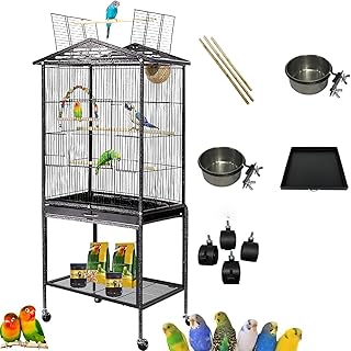 TDOO 47'' Bird Cage, Bird Flight Cages with Rolling Stand & Bottom Tray, Wrought Iron Birdcage for Parakeet, Parrot, Lovebirds, Pigeons, Cockatiels, Macaw