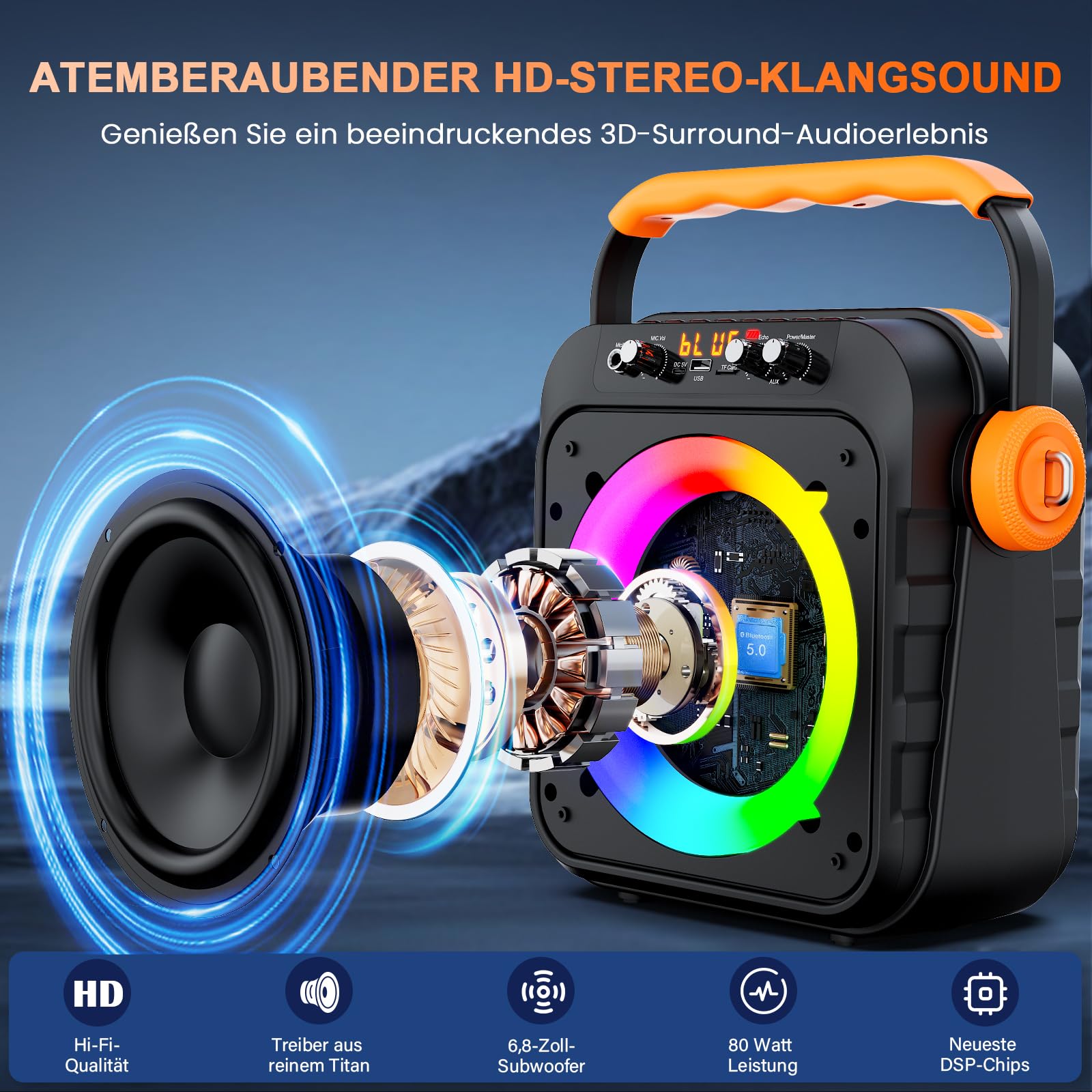 JYX Karaoke Maschine, Karaoke Anlage Mit 2 Mikrofonen, Tragbare Karaoke Maschine Mit 2 Drahtlosen Mikrofone, Bluetooth Lautsprecher Box Für Erwachsene/Kinder Mit Led Lichteffekte