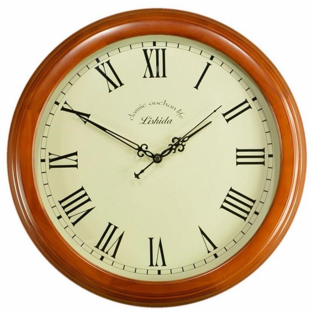 Horloge murale muet à quartz en bois rond avec chiffres romains