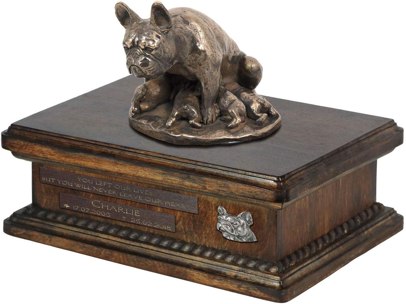 Art-Dog Custom Dog Sitting Statue Memorial Urn - Handmade Cold Cast Bronze on Birch Base – Sturdy and Stylish Urn for Dog’s Ashes – 8.3x11.4x8.7 – 5l – French Bulldog II