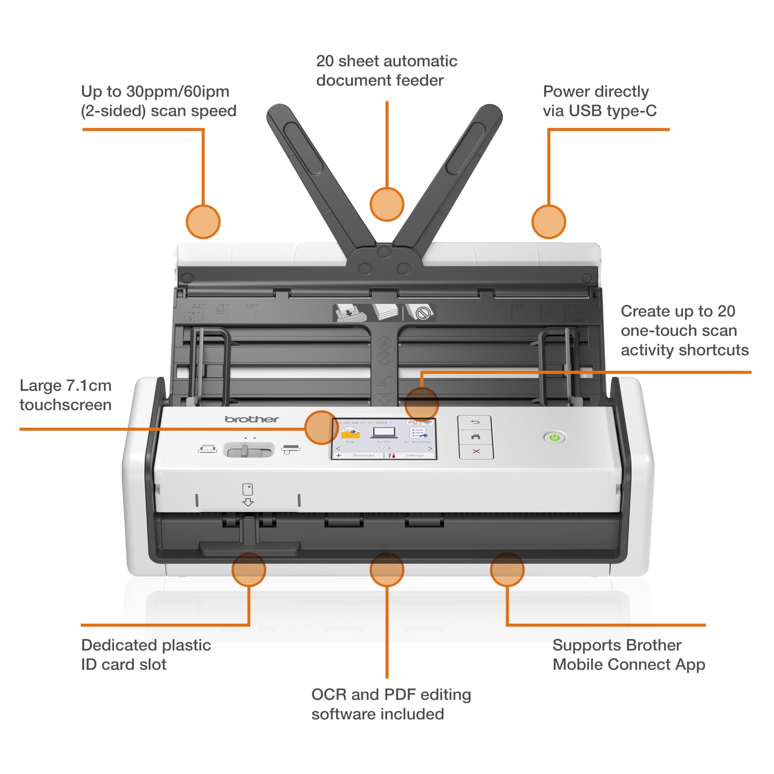Brother ADS1800W Portable Document Scanner | 20 sheet ADF |ID card slot |Touchscreen|Supporting app |OCR and PDF software included | UK Plug — view 2