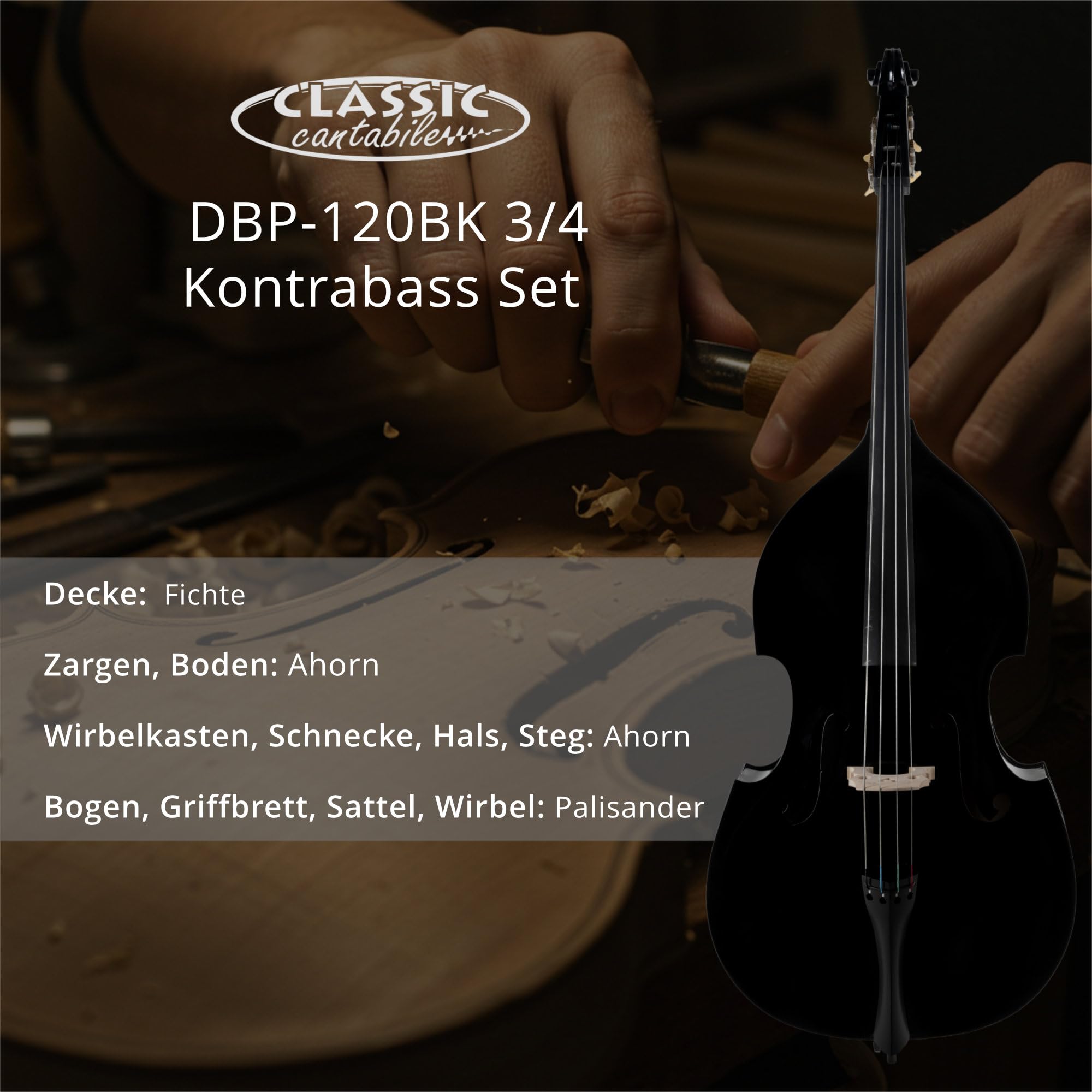 Classic Cantabile DBP-120BK 3/4 Contrabajo, Tapa de pícea laminada | Talla 3/4 (corresponde a la talla habitual para contrabajistas adultos), Fondo y aros de arce laminado, Mástil: arce, 6 kg