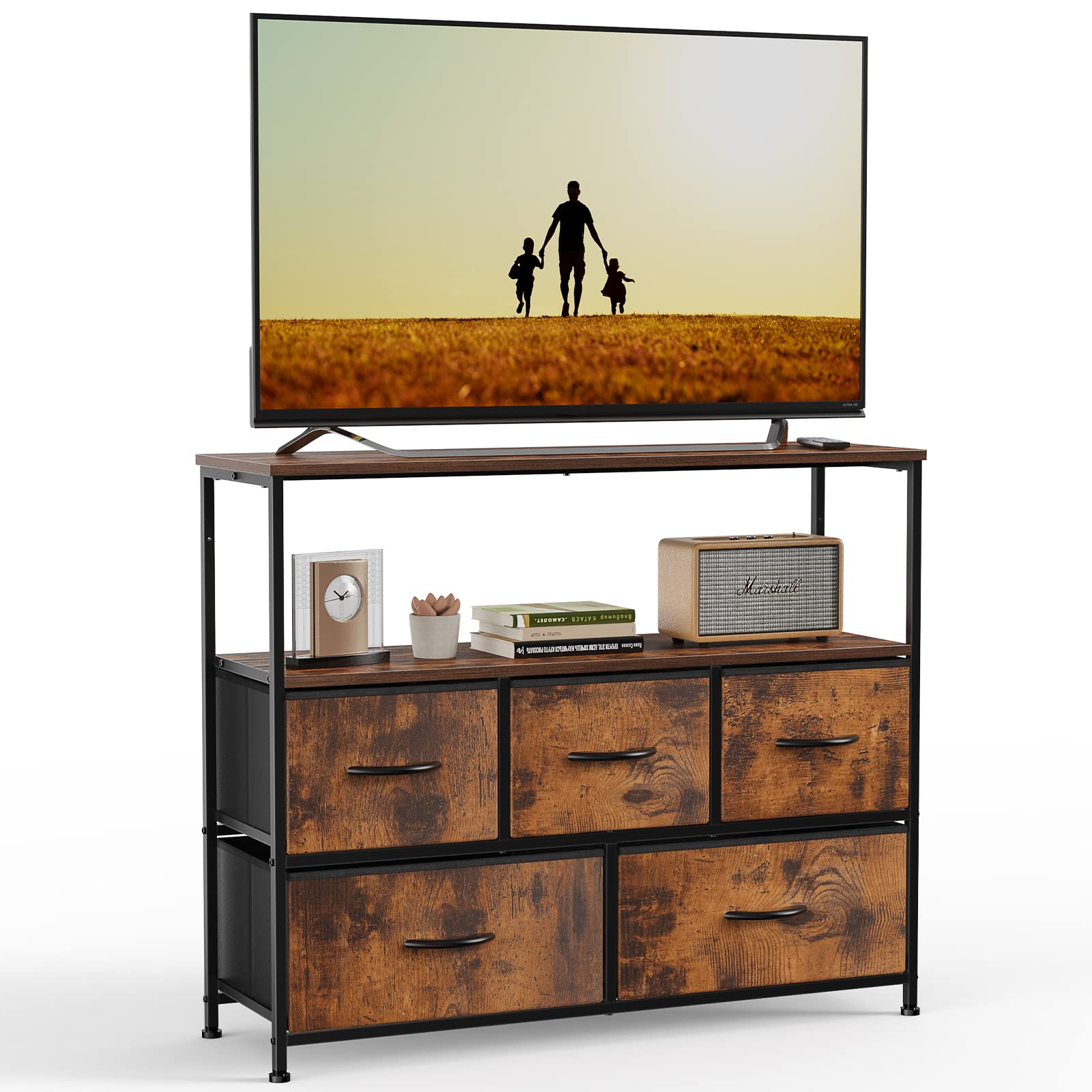 Dresser TV Stand, Dresser for Bedroom with 5 Drawer Media Console Table with Open Shelves for TV up to 45 inch, TV Stand with Storage Organizer Unit with Steel Frame Wooden Top for Kids Room, Closet