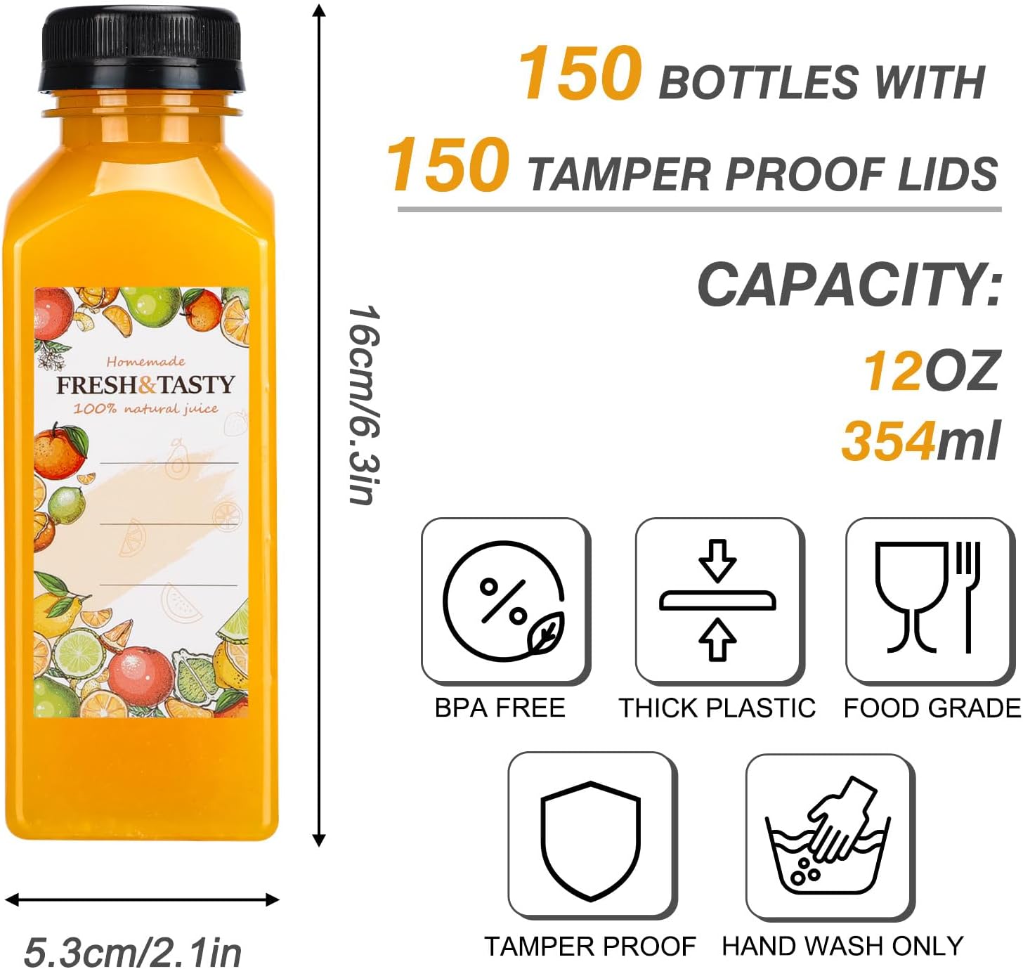 TOMNK 150pcs Juice Bottles, 12oz Reusable Plastic Juice Bottles with Caps and Labels, Funnel, Brush Beverage Containers for Juicing, Smoothies, Tea, Milk - Image 2