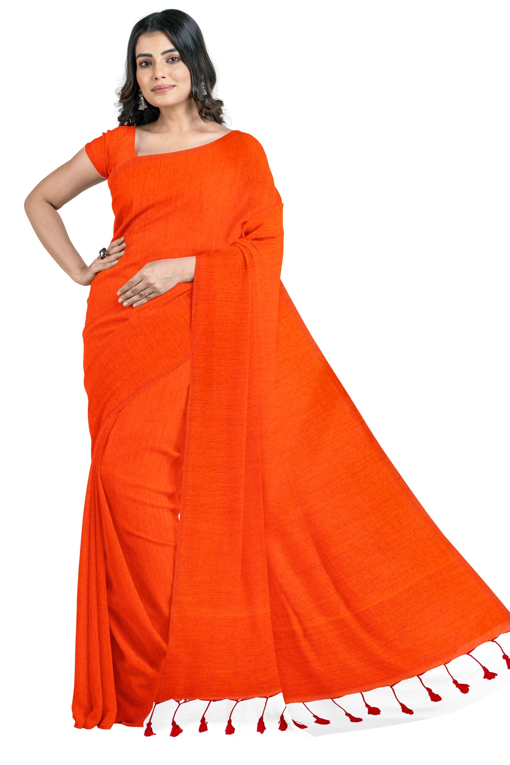 Khadi Cotton Women's Handloom Saree (ORANGE)-picture-54