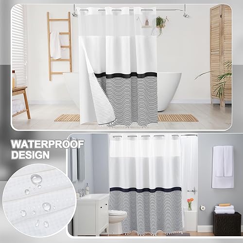 Miniatura 6 de VitalCozy Cortina de ducha en blanco y negro a rayas con borlas, 72 x 72 pulgadas, sin gancho, juego de forro de tela a presión, con ventana