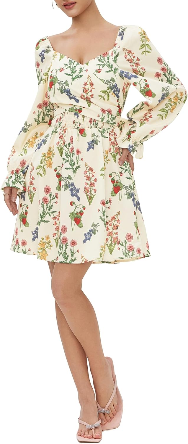 CIDER Women's Smocked Floral Mini Dress Long Sleeve A Line Casual Vacation Short Dress with Pockets - Image 2