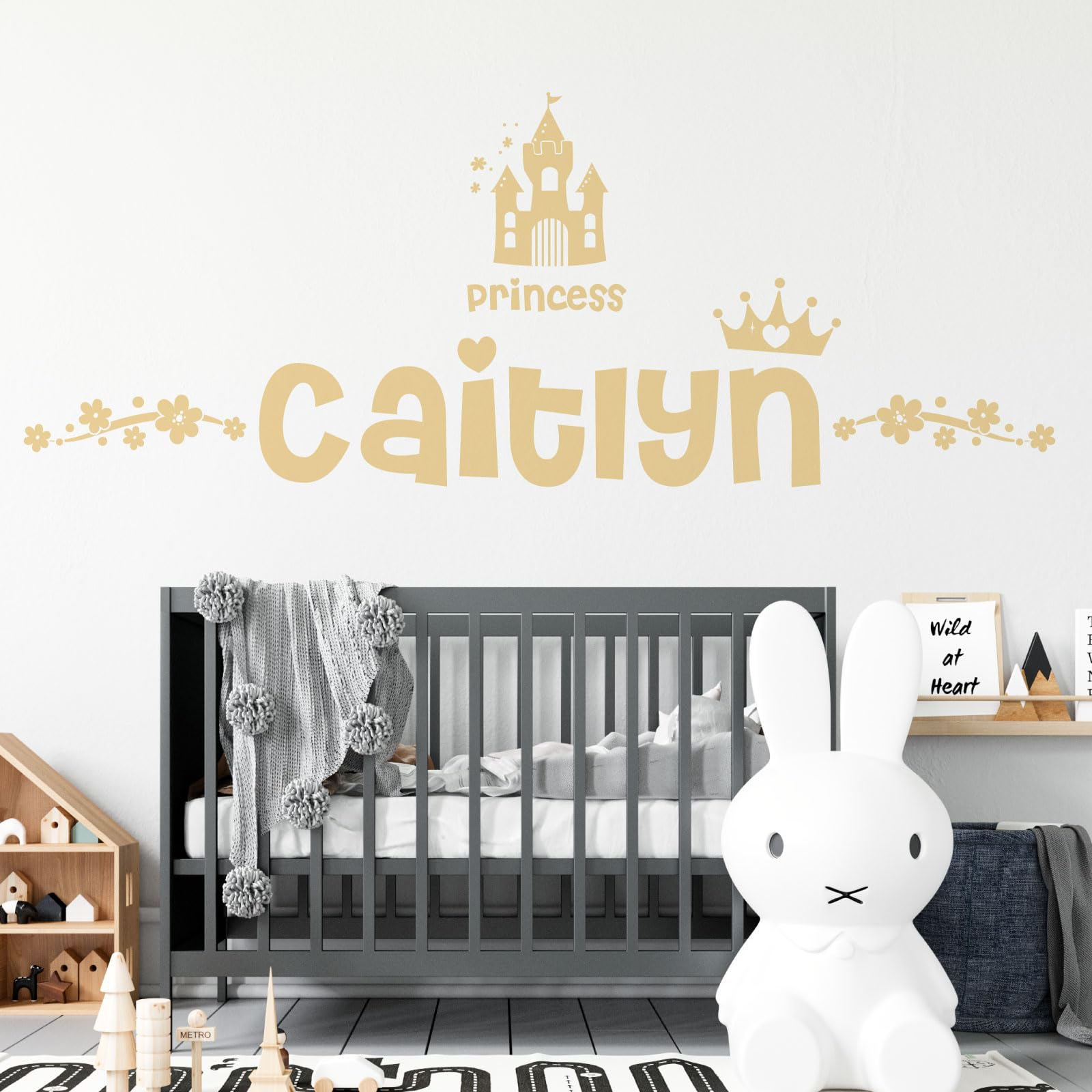 Personalised Name Girls Wall Art Sticker - Princess Disney Castle Crown Floral Motive [Large] [Cream]