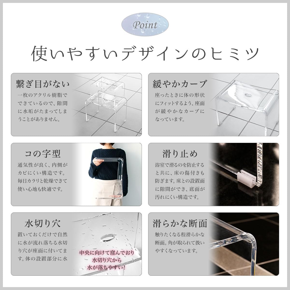 ottostyle.jp アクリル バスチェア 風呂 椅子 安全 滑り止めシリコン付き コの字 水切り穴 【Lサイズ 】 【ホワイト