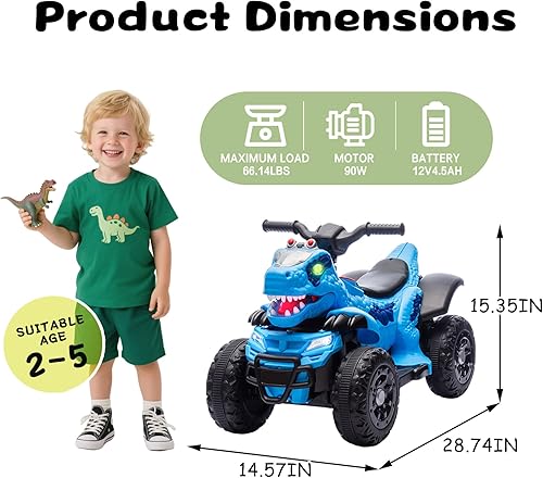 Miniatura 3 de Bluefun Dinosaurio eléctrico ATV de 4 ruedas para niños, automóvil eléctrico ATV de 12 V con música, Bluetooth y luces LED, regalo de cumpleaños