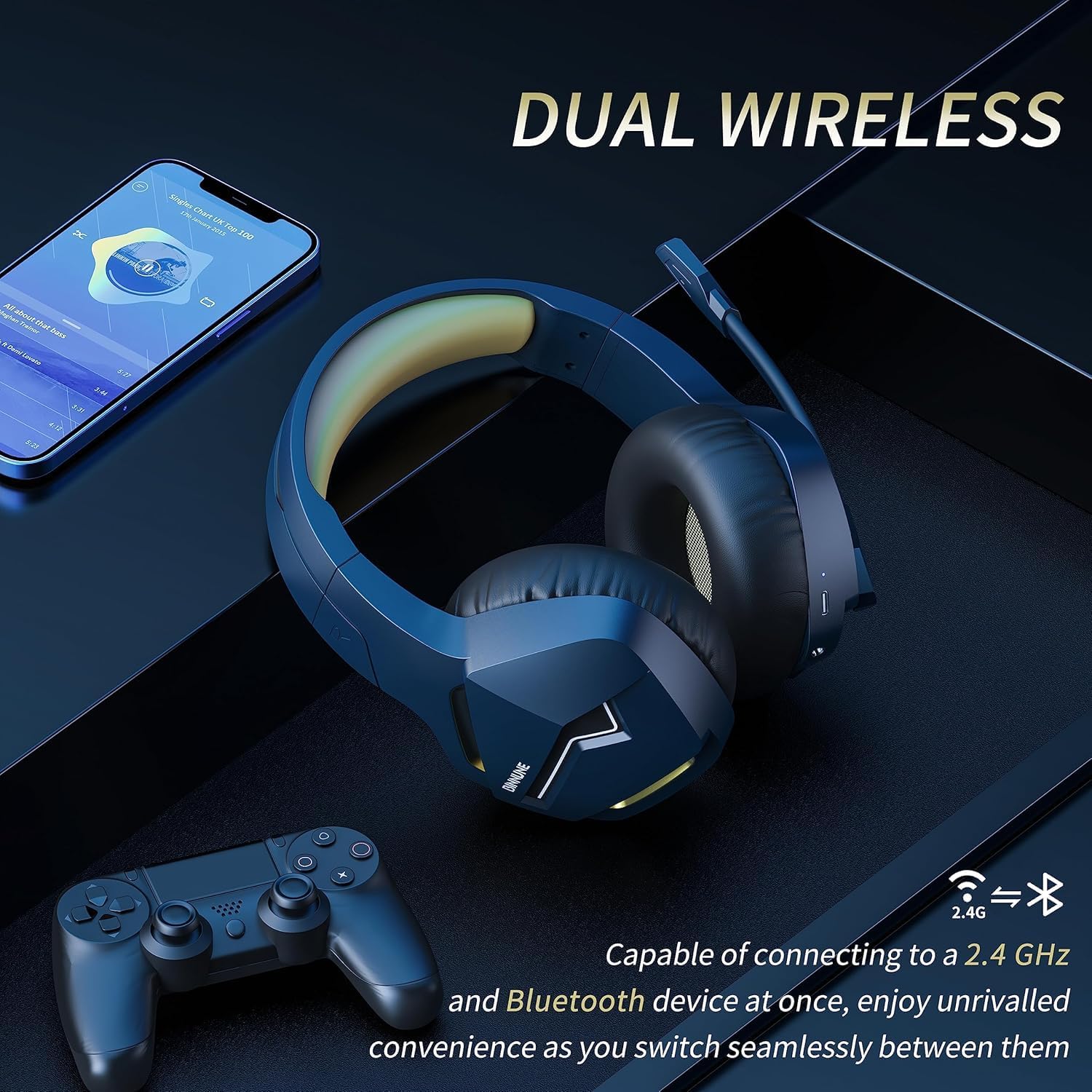 BINNUNE Wireless Gaming Headset for PS5 PC, 120H Ultra-Long Battery, 2.4GHz & Bluetooth 5.3 Wireless Gaming Headphones, PS5 Hadset Wireless with Mic, 50mm Drivers, Comfort Over Ear Headphones,Gold