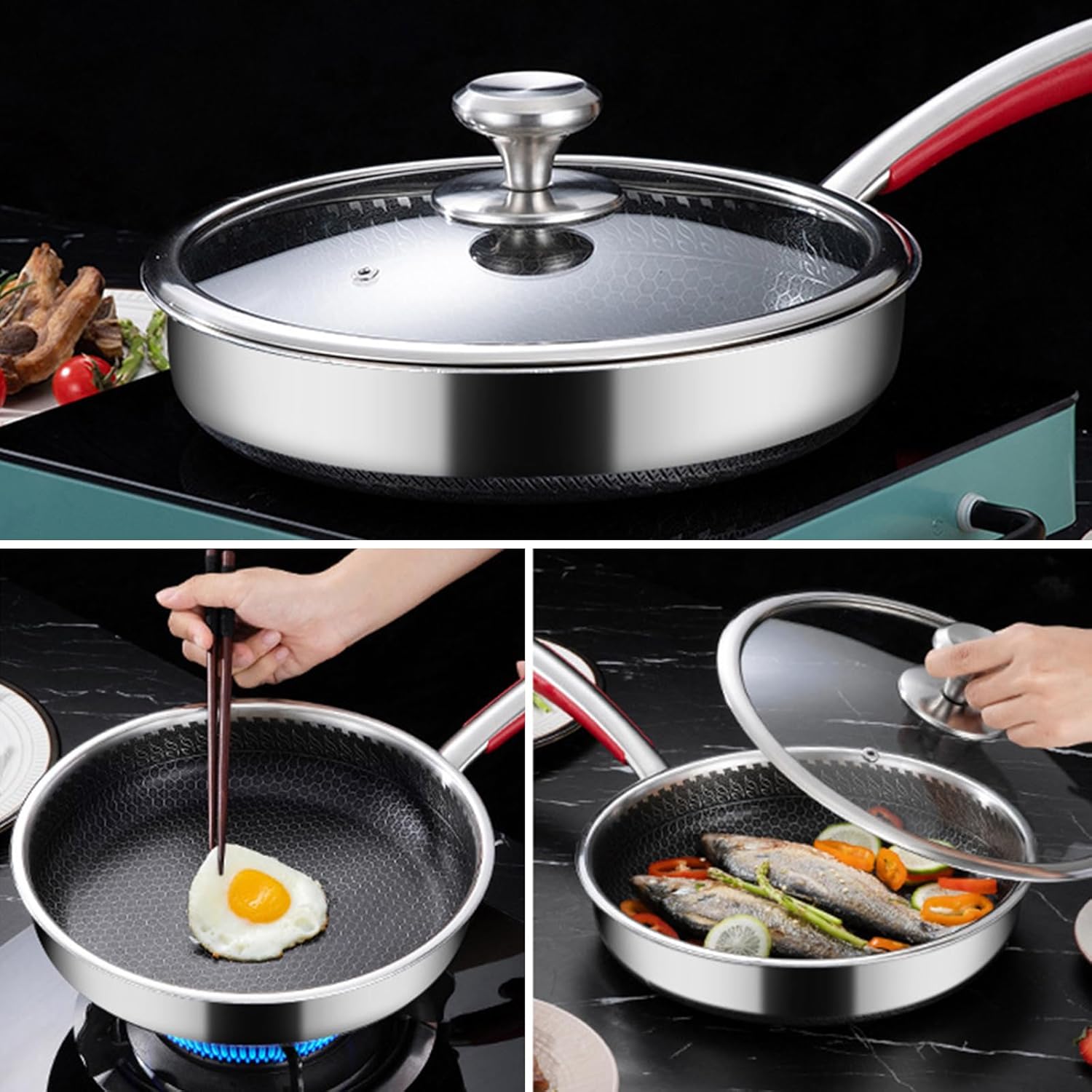 Stainless Steel Frying Pan, Hybrid Tri-Ply Nonstick Stainless Steel Skillets, Non Stick Frying Pans with Lid for All Cooktops, Dishwasher & Oven-Safe, Stay-Cool Handle, PFOA Free Cookware,Wit