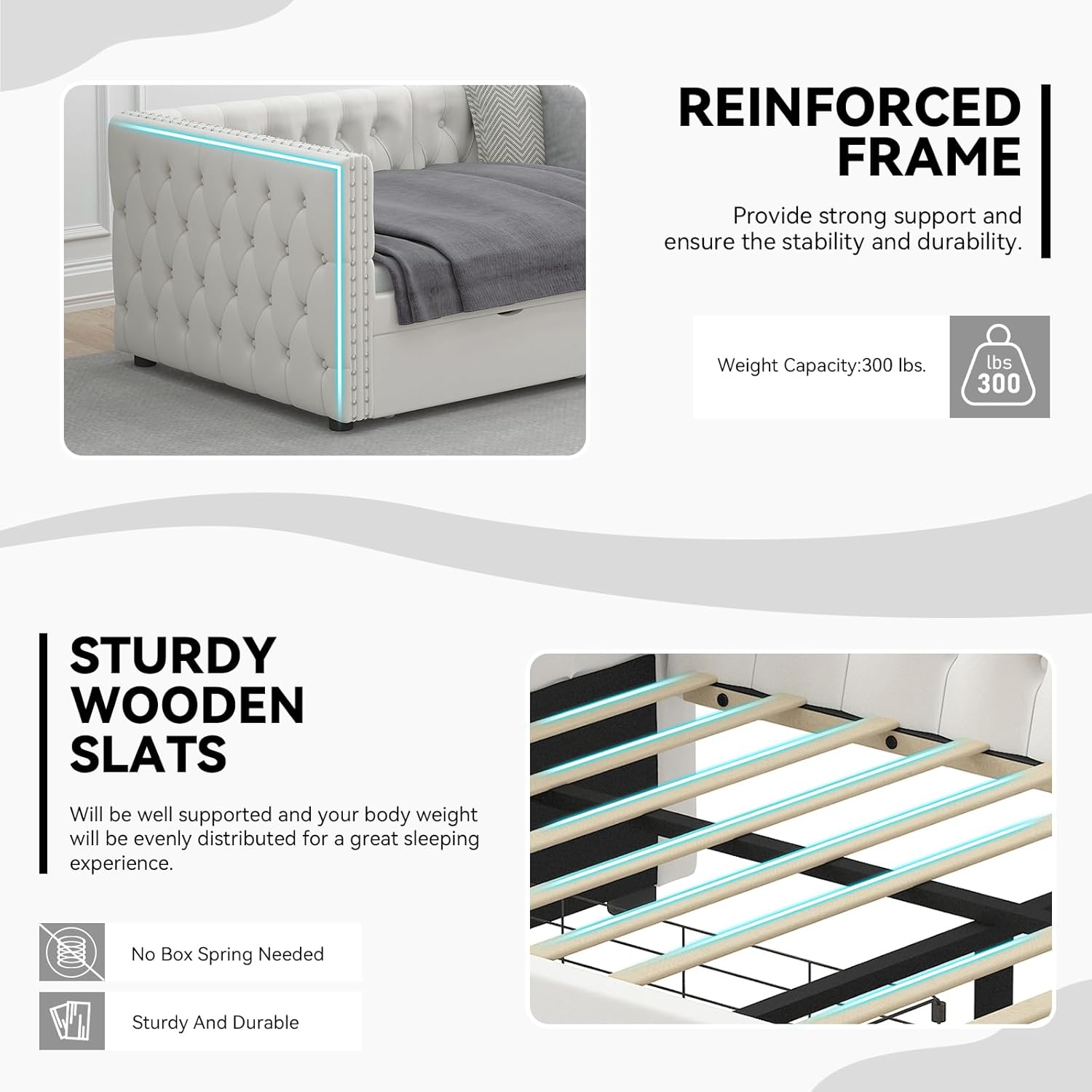 Twin Size Daybed with Two Storage Drawers, Velvet Upholstered Day Bed Frame, Solid Wooden Sofa Bed w/Button Tufted and Nailhead Trimming, Space-saving Design, No Box Spring Needed (Light Beige, Twin)