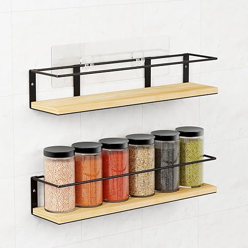 Miniatura 9 de Estante de especias autoadhesivo o perforación, estante de especias colgante de estilo rústico, organización de especias para puerta de gabinete o