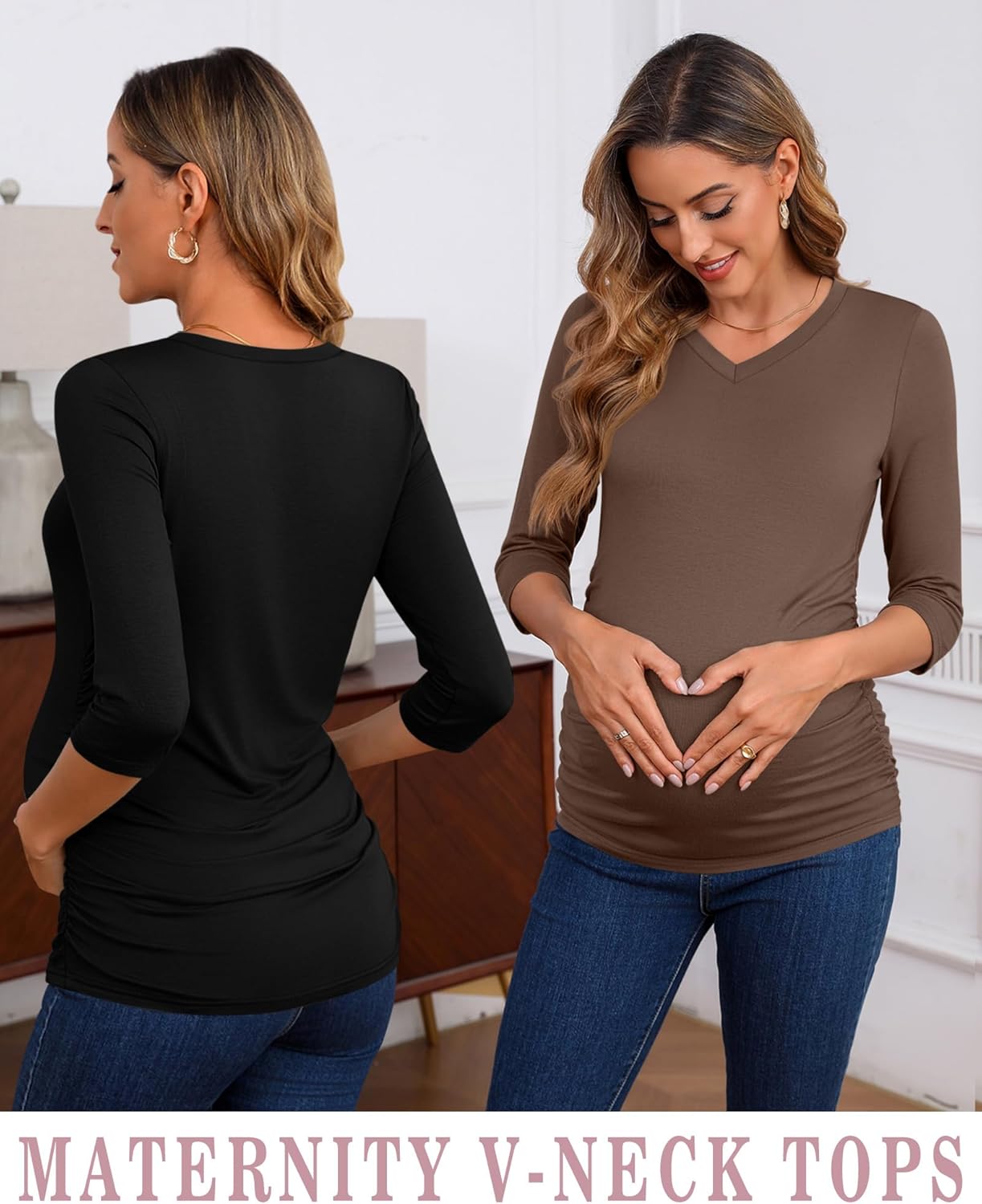 Ficerd 3 Pack Women's Maternity Shirts, 3/4 Sleeve V Neck Pregnancy Tops Side Ruched Casual Maternity Tee Pregnant Clothes - Image 3