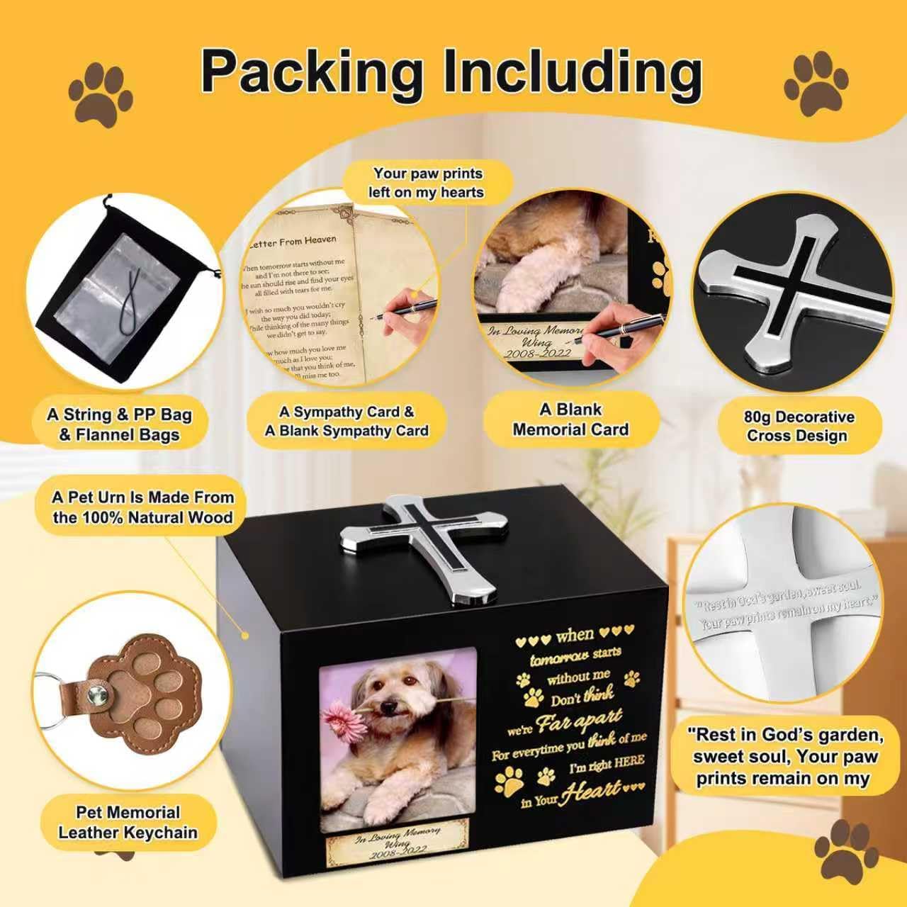 Sobotoo Personalized Wooden Pet Urn for Dogs Cats Up to 90 Lbs, Handcrafted Cremation Ashes Box with Photo Frame, Christian Cross, Fur Keychain & Sympathy Poem, Memorial Gift for Small Medium Pets