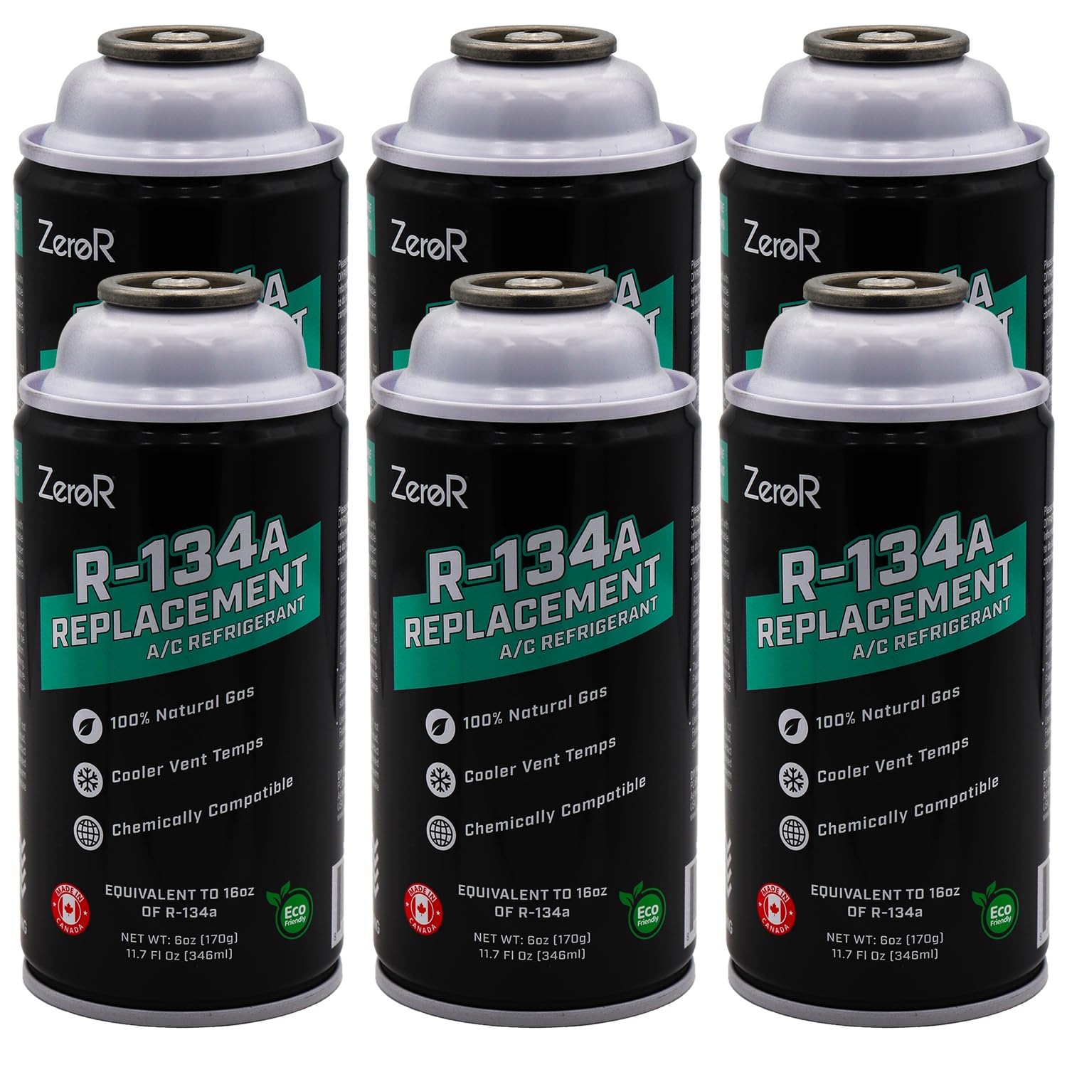 ZeroR AC Refrigerant R134a Replacement - Eco-Friendly, 100% Natural Hydrocarbon Gas - Compatible and Easy to Install with R134a A/C Recharge Systems - 6 Cans (6oz Each)