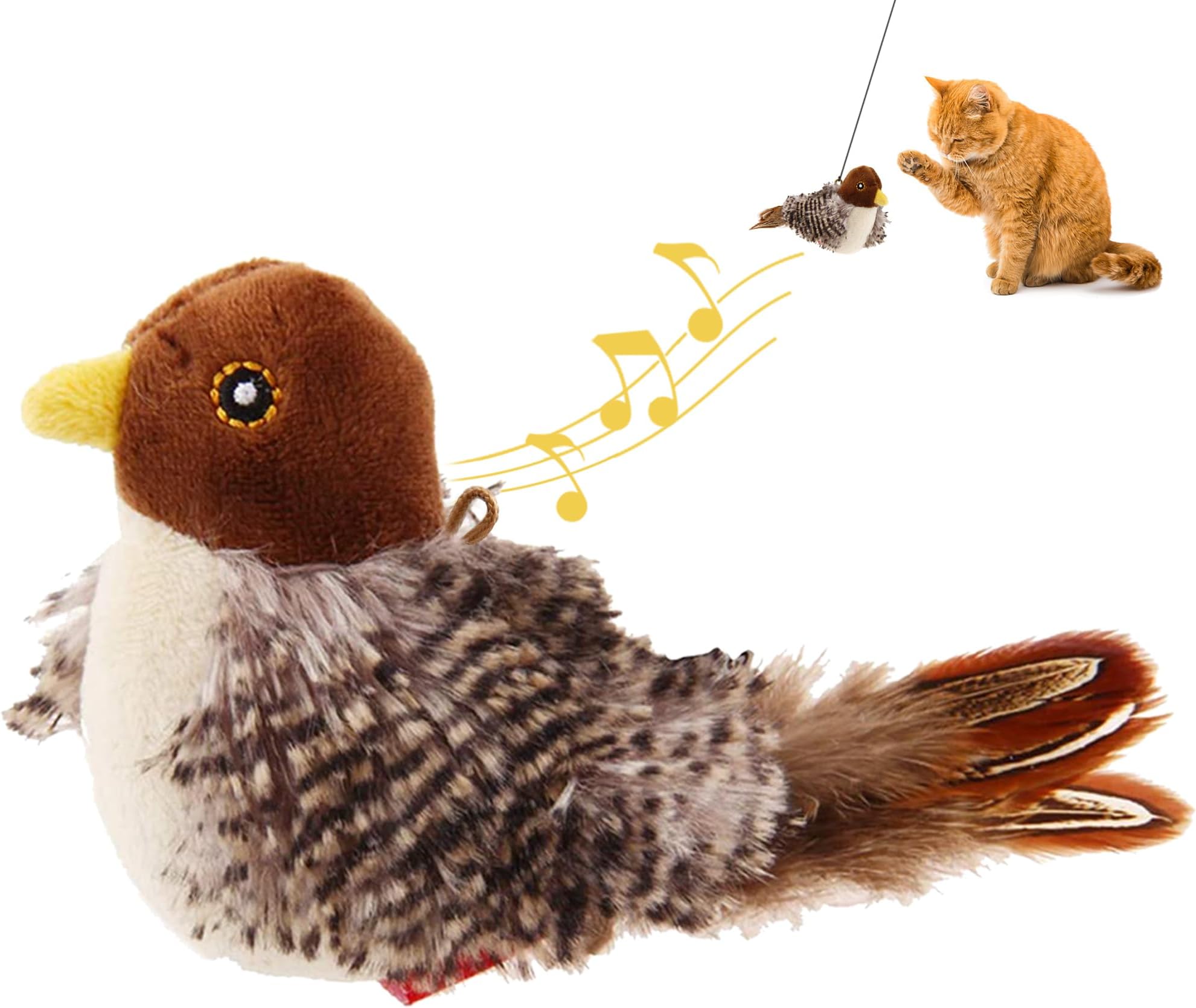 Interactive Cat Toys Squeaky, Stimulated Chirping Bird Toy Making Noise,Automatic Chirp Bird Cat Toy with Feather Tail, Melody Chaser Play and Squeak Kitten Toy for Boredom