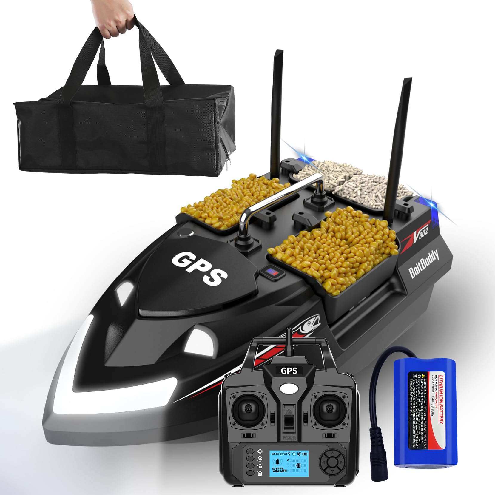 GPS Smart RC łódź z przynętą do połowu ryb, Auto Cruise Dual Antenna, 4 Hoppers, duża pojemność, lampka nocna LED (czarna, 12000 mAh)