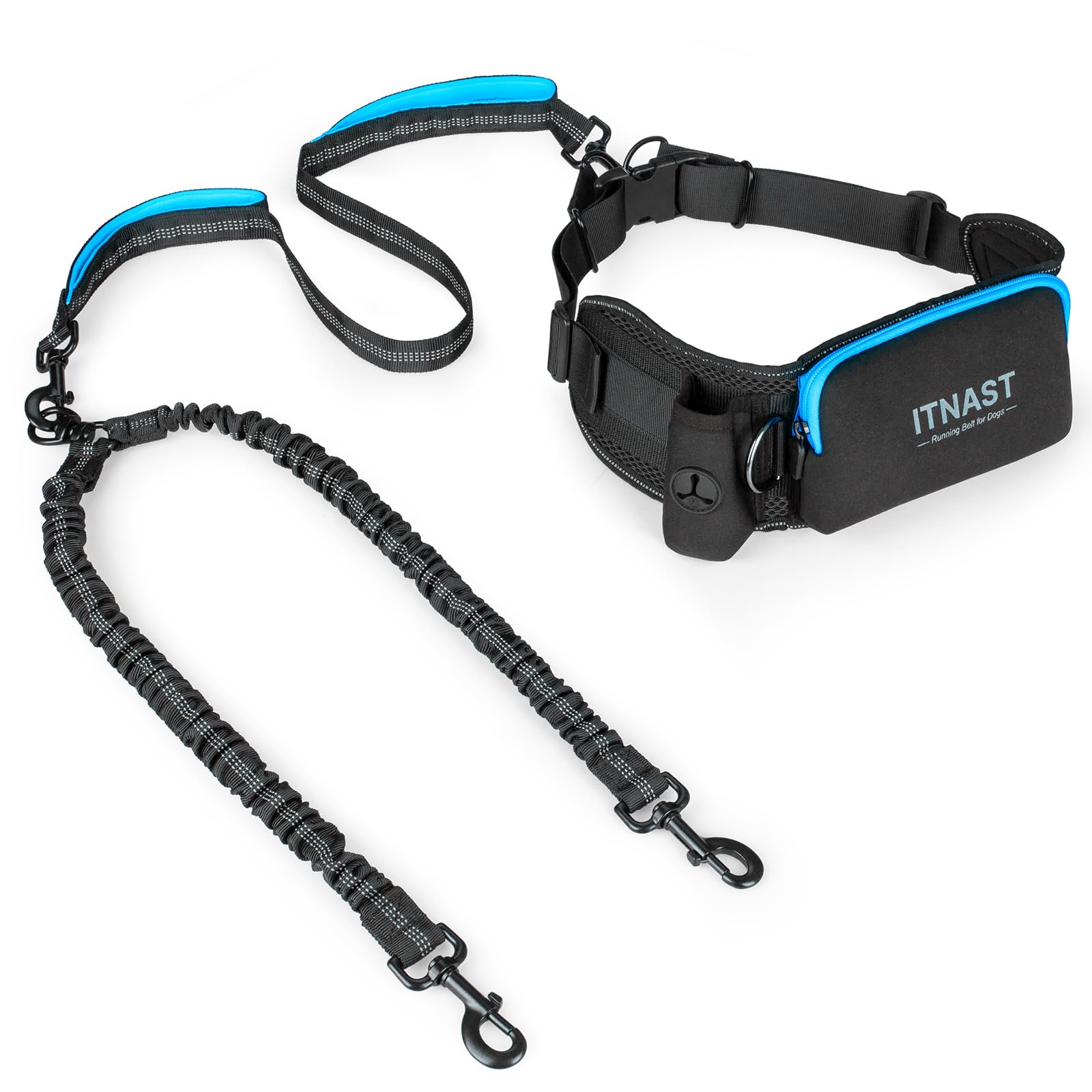 Hands Free Double Dog Leash Tangle Free, Lumbar Support Dual Leash for Medium Large 2 Dogs With Bungee, Waist Bag, Padded Handles,Reflective Stitching for Dog Walking, Jogging, Hiking, Training