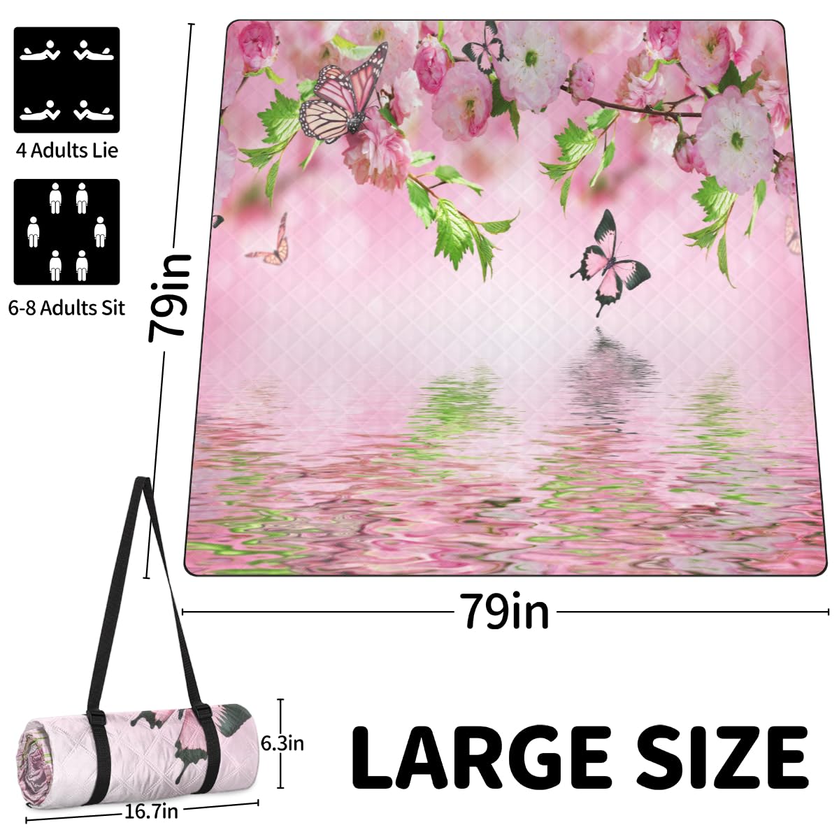 Shimoshe Extra Large Picnic Blankets 79”x 79”, Colorful Butterfly Cherry Blossoms Waterproof Foldable Picnic Mat with Straps Portable Beach Blanket for Camping Park Grass Beach Indoor