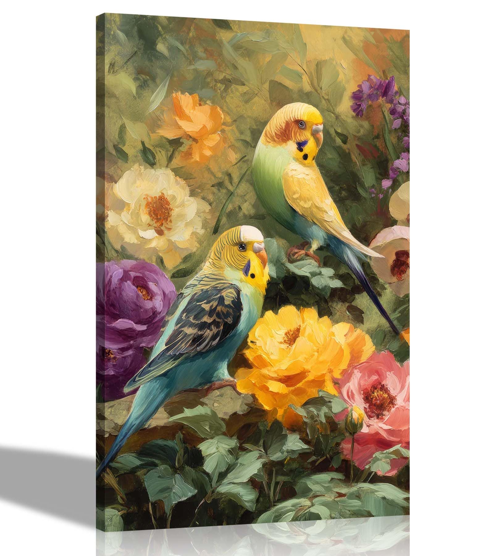 Artley Prints Budgies In Garden - Budgies Sitting In Colourful Garden Canvas Wall Art Prints Nature Decor Home Living Room Framed Pictures Artwork 86 X 61Cm (34 X 24 Inches) A1