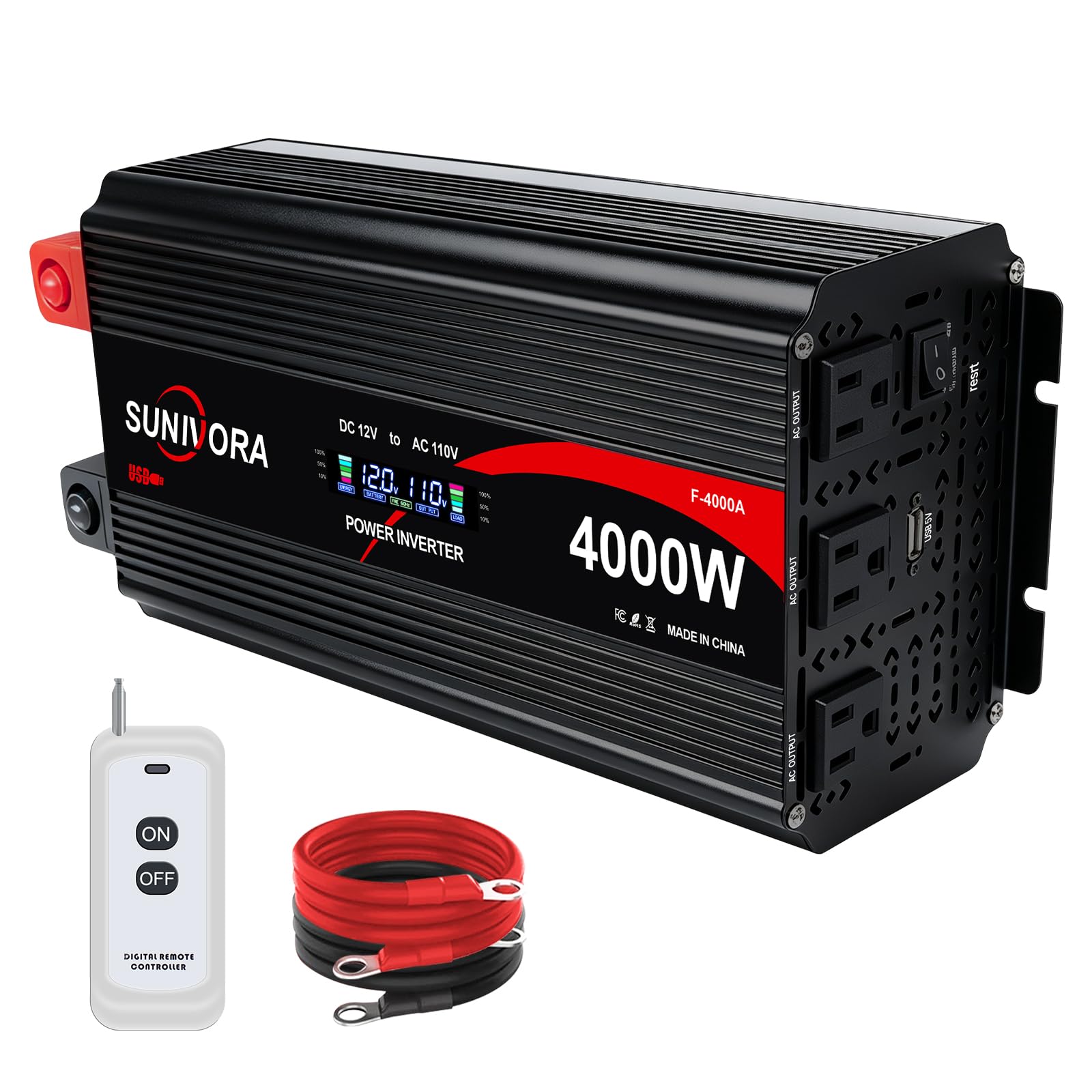 4000 Watt Power Inverter 12V to 110V/120V DC to AC Converter 8000W Peak, with Remote Control & LCD, 4 AC Outlets & 4 USB Ports Power Inverters for Vehicles Car Truck Boat RV Camping Solar System EPS