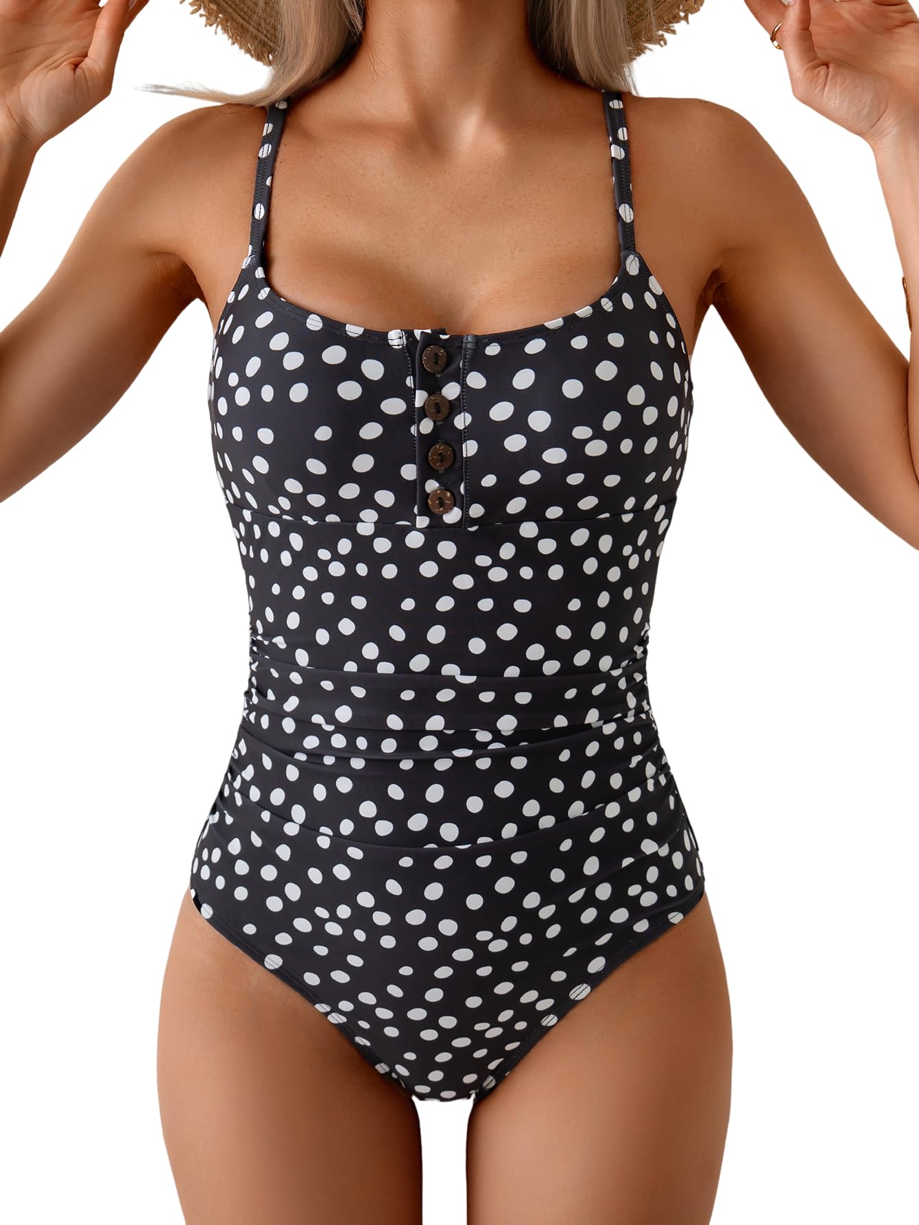 B2prity One Piece Swimsuit for Women Tummy Control Retro Bathing Suit Button Up Slimming Swimwear