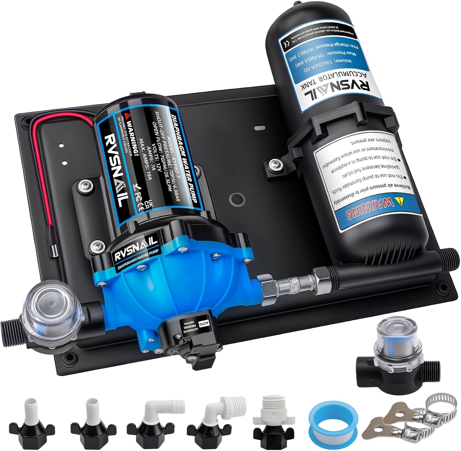 RV Water Pump 7GPM 70PSI 12V DC and 1L 125PSI Pre-Pressurized Accumulator Tank, Quiet RV Water Pump and 5-Cavity Accumulator Tank Kit for RV Camping, Boats, Kitchens, and Bathrooms