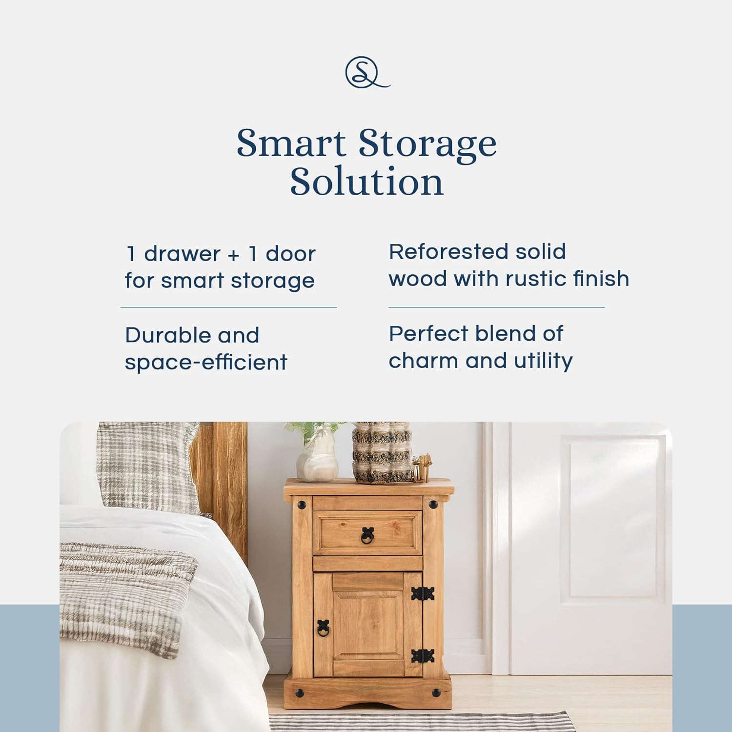 Corona 1 Drawer 1 Door 17-Inch Wide Bedside Table - Reforested Wood Single Nightstand - Smart Space-Saving Compact Furniture - Easy to Assemble - Seconique