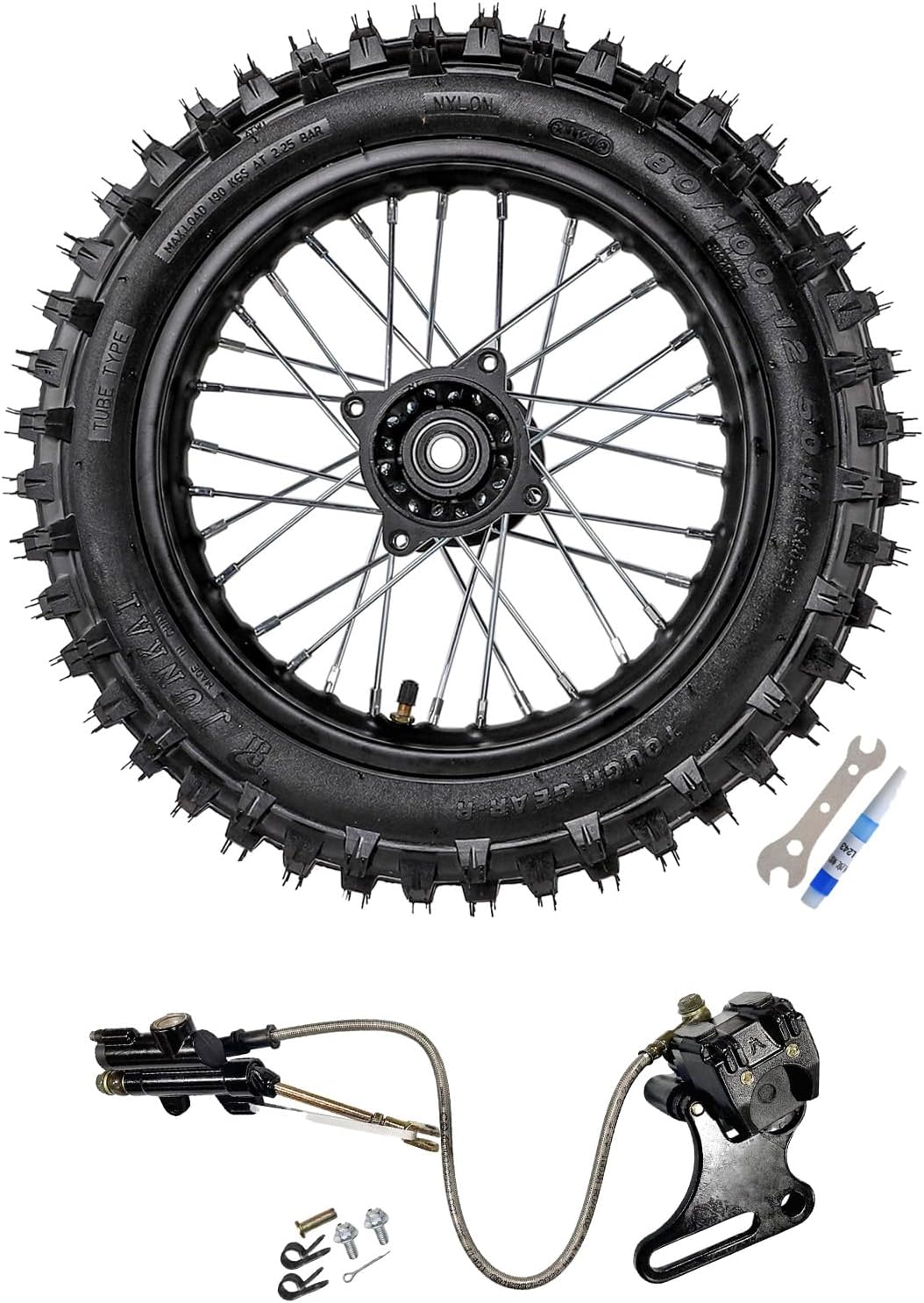 12" Rear Rim Wheel Disk Brake 80/100-12 Tire Tube 15mm Axle with Hydraulic Brake Caliper Assembly for Dirt Pit Bike Offroad Motorcycle CRF70 Apollo SSR Taotao Coolster 110cc 125cc XR CRF 50cc-125cc