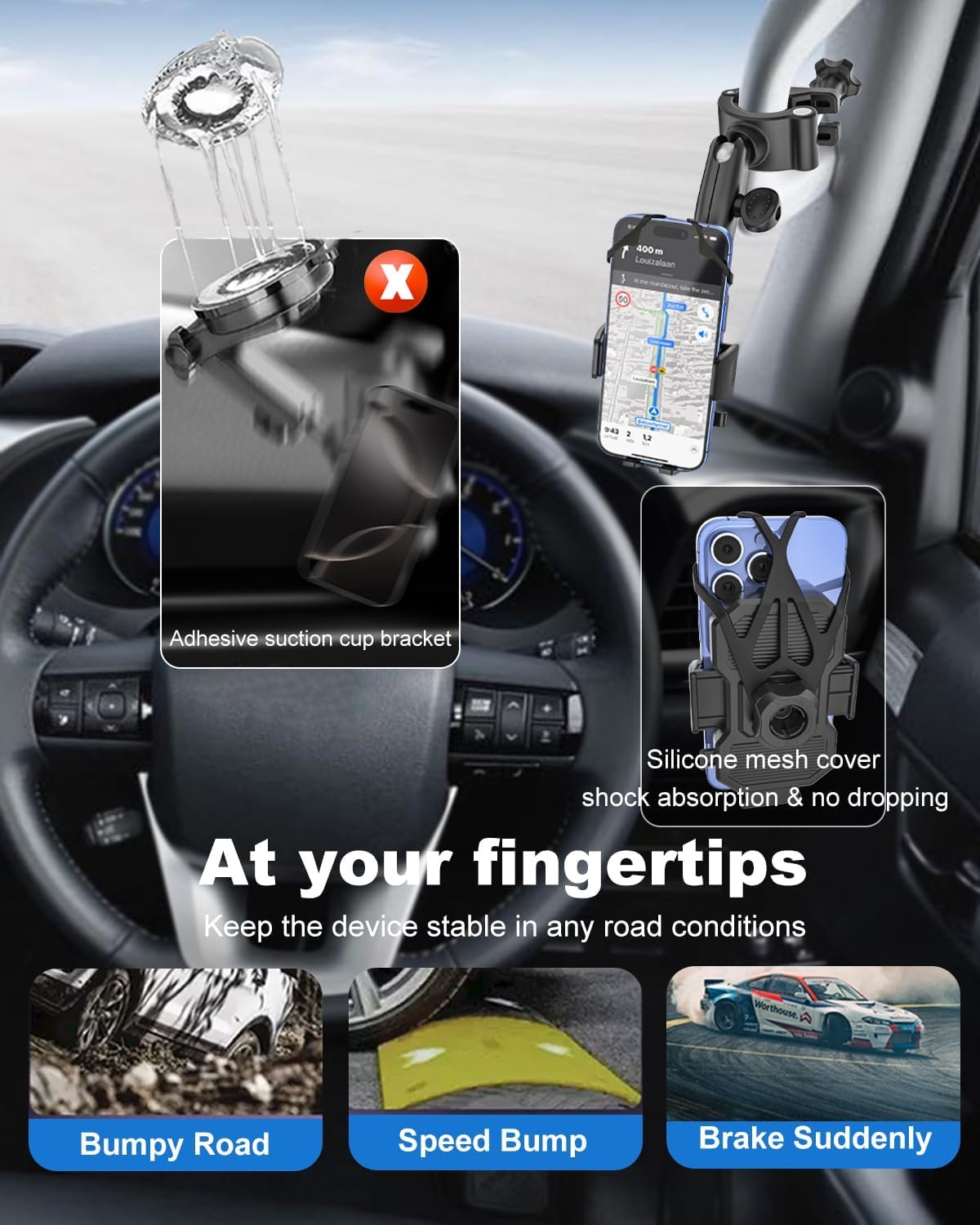 Supporto per telefono con maniglia per auto, [braccio in metallo resistente agli urti] Supporto universale per telefono per auto, camion, pick-up, SUV, furgone, escavatore, caricatore