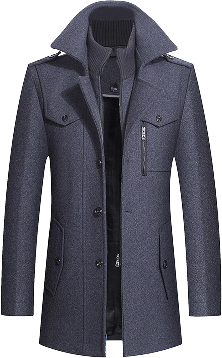 Men'S Stylish Scarf Single Breasted Trench Coat Quilted Lined Wool Blend Pea Coats Casual Thick Winter Jacket
