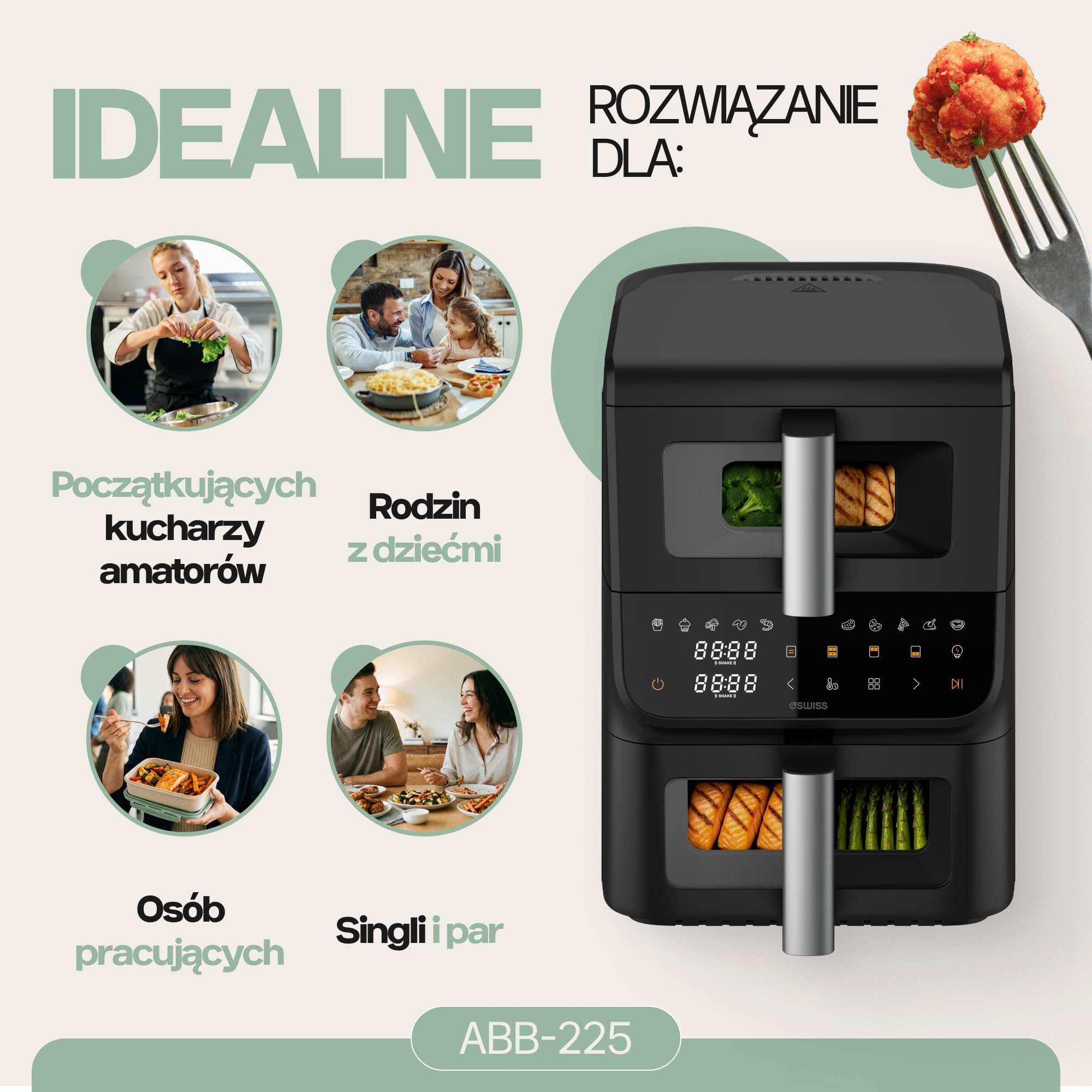 4Swiss Frytkownica Beztłuszczowa Air Fryer Dwukomorowa na Gorące Powietrze Airfryer Pionowy XXL Duża Pojemność do Pieczenia Mięsa Frytek Warzyw Ryb Oszczędzający Miejsce Łatwe Czyszczenie - ABB-225
