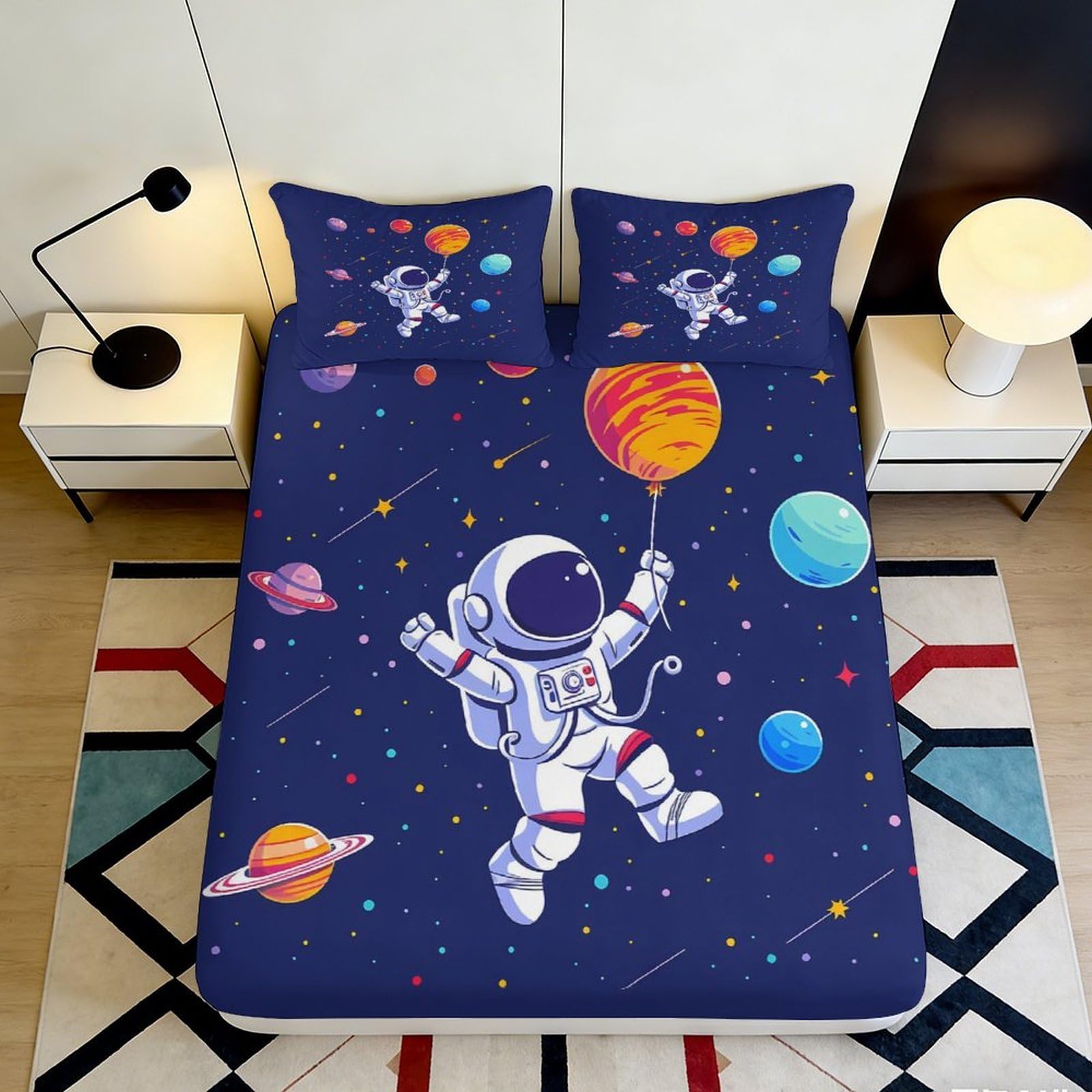 3D Printed Astronaut Space Adventure Fitted Sheet Microfiber Navy Mattress Cover Anti-Slip Machine Washable Bedroom Decor for All Ages 90x200x25cm