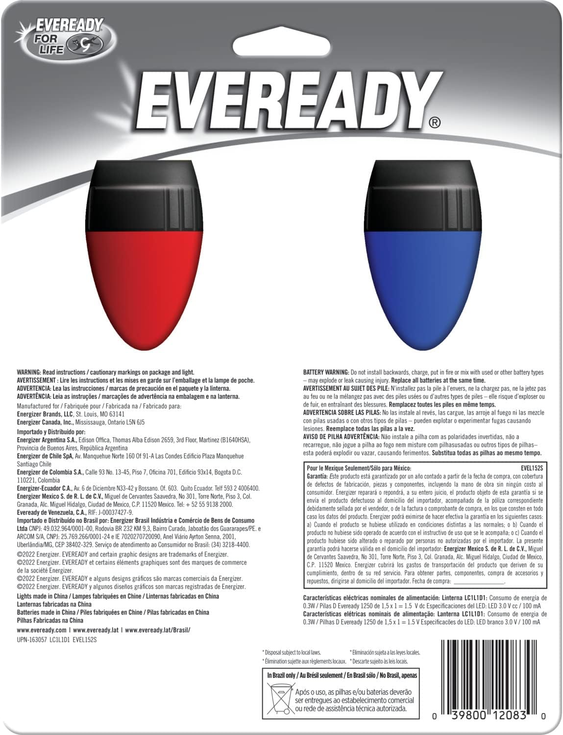 Back of Eveready flashlight packaging with warnings and product information.