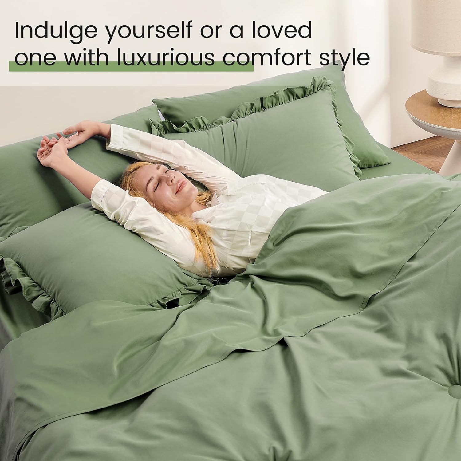 QUIETSEA Queen Bed in a Bag 7 Pieces Comforter Set Queen, Ruffle Shabby Chic Bedding Comforter Set Green Bed Set with Comforter, Pillowcases, Flat Sheet, Fitted Sheet and Pillow Shams
