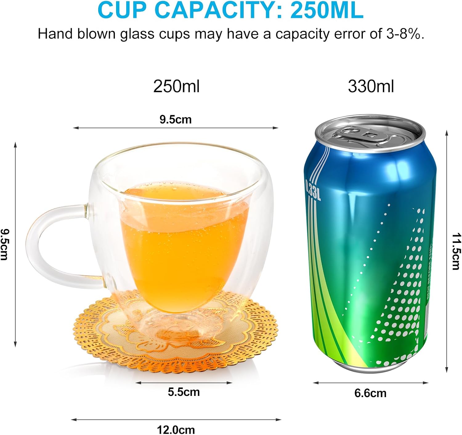 Double Wall Heart Shaped Coffee Mugs Set of 2, Espresso Glass Cups with Handle, for Coffee, Latte, Tea, Wine cup, Party, Gifts, 8oz/240Ml (with Exquisite Coasters)