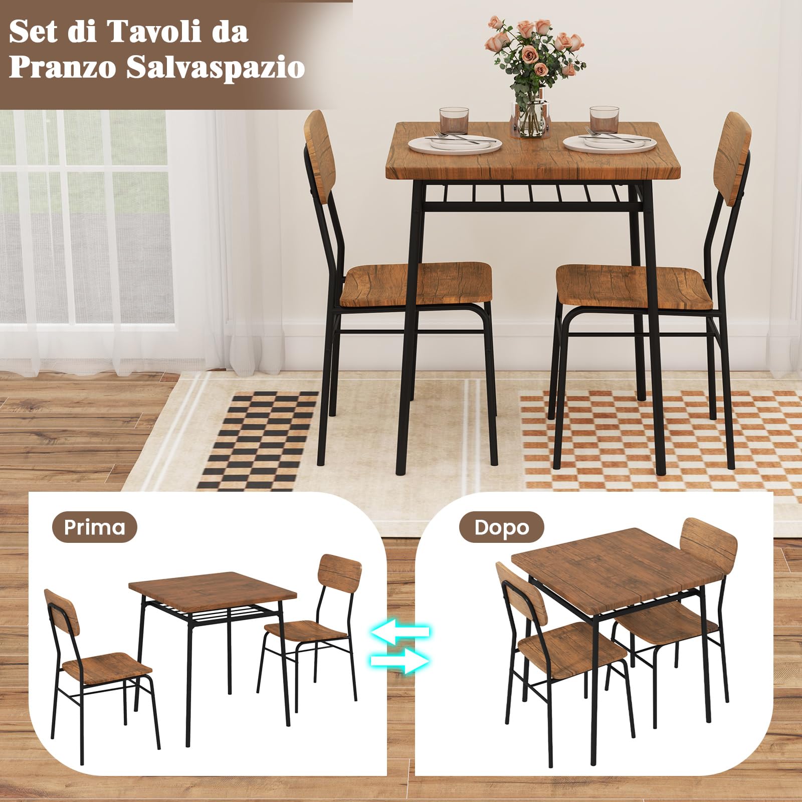 COSTWAY Set Mobili da Bar Tavolo e 2 Sedie, Tavolino Quadrato con Scaffale di Stoccaggio, Tavolo Birreria con 2 Seide per Balcone, Sala da Pranzo, Cucina e Ristorante (Marrone)