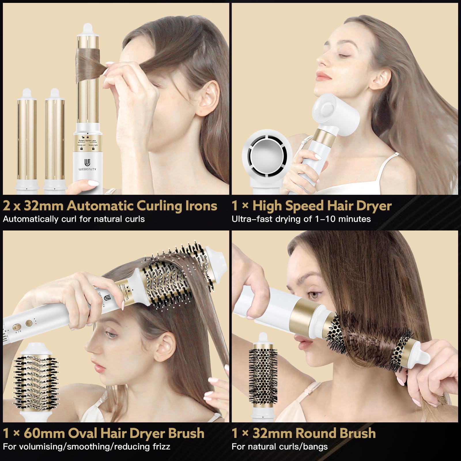 webeauty 6in1 Secador Pelo Set, Moldeador de Pelo,110000 RPM, 30M/S | 1400W Hair Dryer de Alta Velocidad,500 Millones de Iones Secador de Pelo con Cepillo Secador de Pelo y Air Rizador