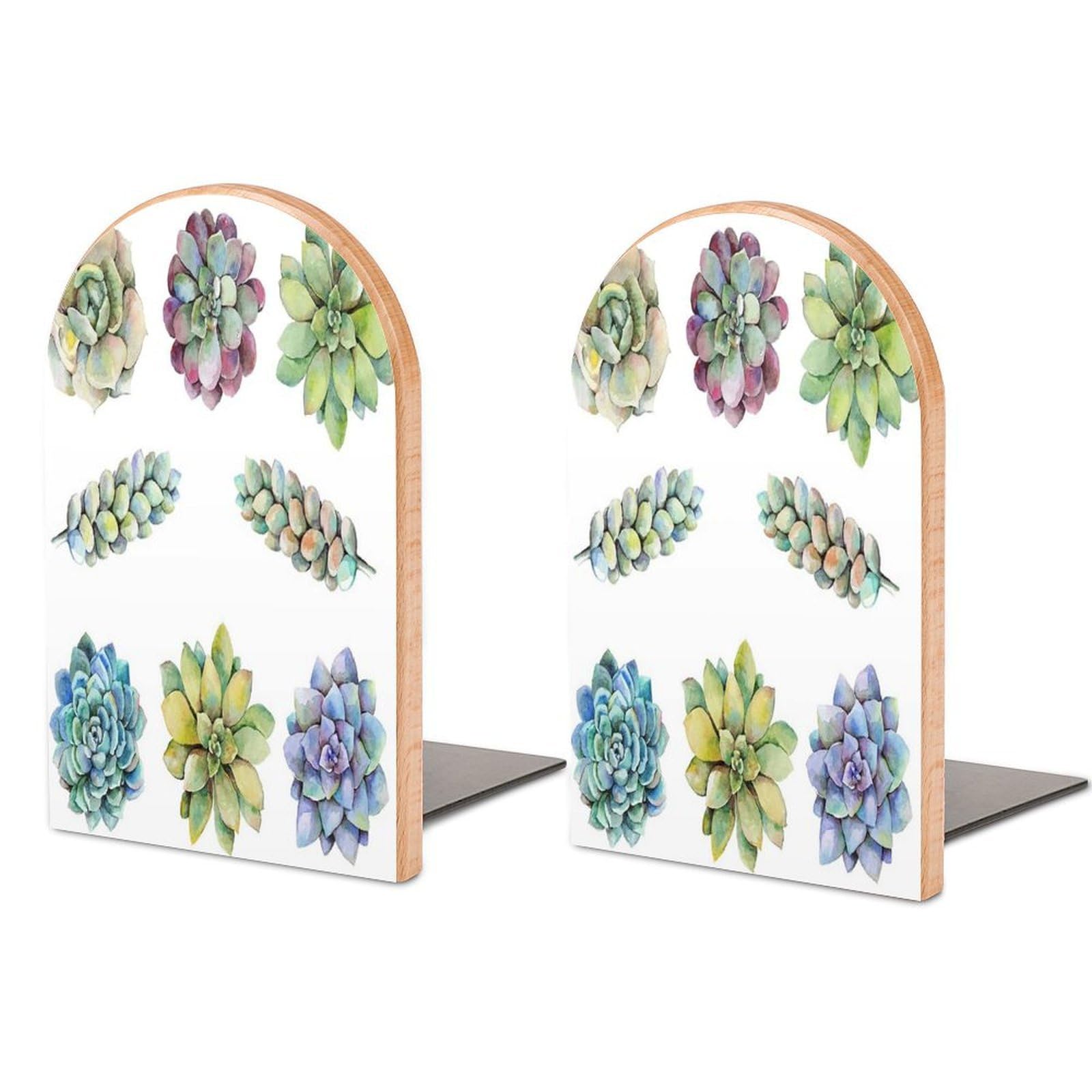 Purple Succulents Raster Blue Flower Plant Watercolour Beech Wood Bookends Heavy Duty Book Organizers Desktop File Holder for Office Home Bookshelf