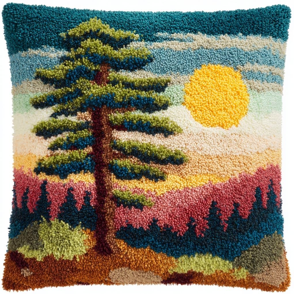WallustrioaW Latch Hook Cushion Kits 17x17in,Sunset Pine Tree Landscape