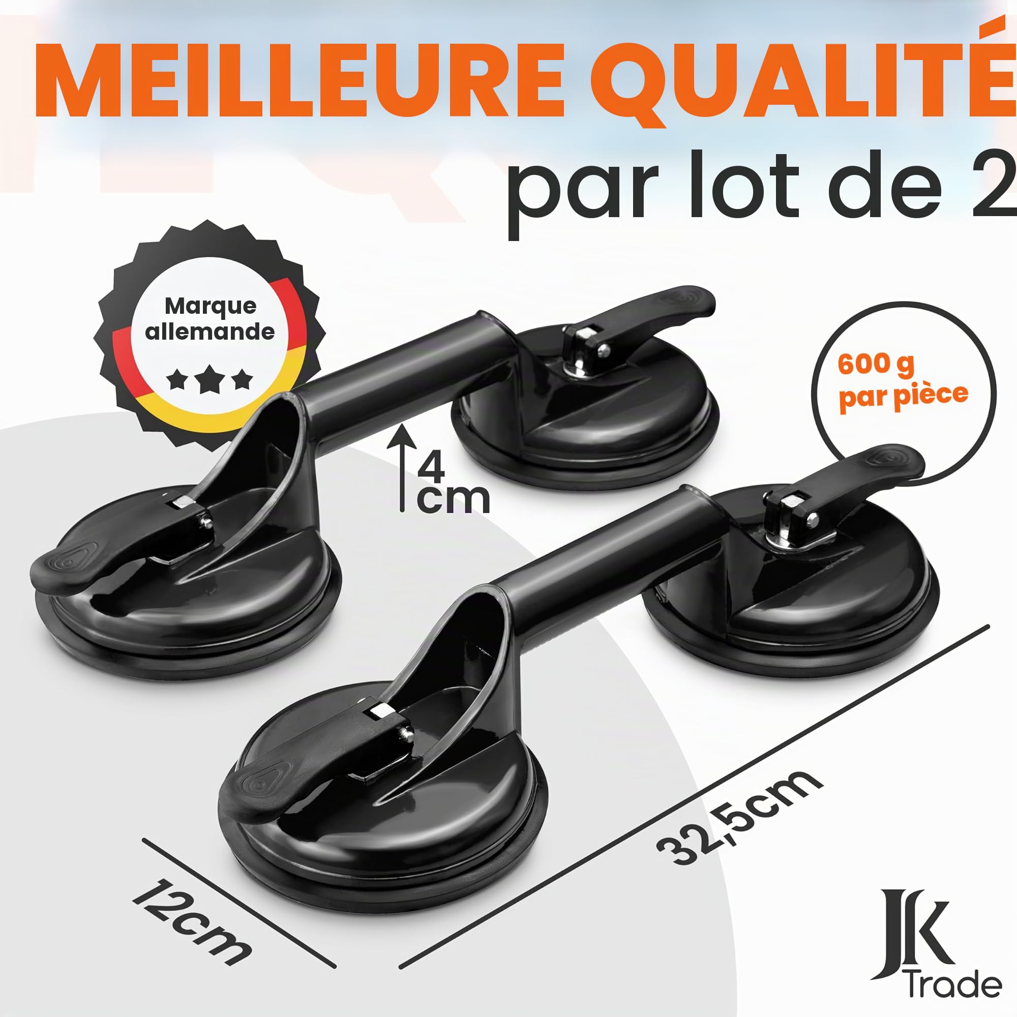 JK Trade® Lot de 2 ventouses avec poignée de transport | Lève-vide antidérapant avec poignée de maintien jusqu'à 120 kg | Outil de levage à ventouse comme aide au transport pour vitres, carreaux,