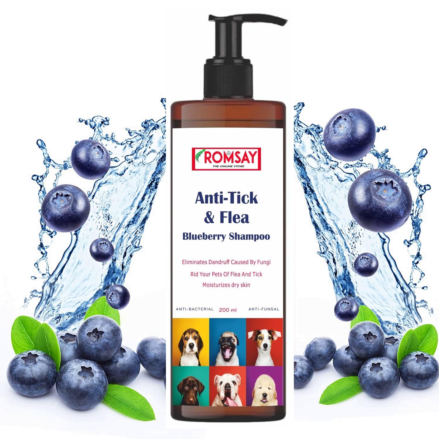 ROMSAY Tick & Flea Control Blueberry Shampoo for All Types of Dogs & Cats Flea and Tick | Hypoallergenic Fresh Notes, Pet Shampoo for Dog | Anti Tick and Flea Dog Shampoo (200ML)