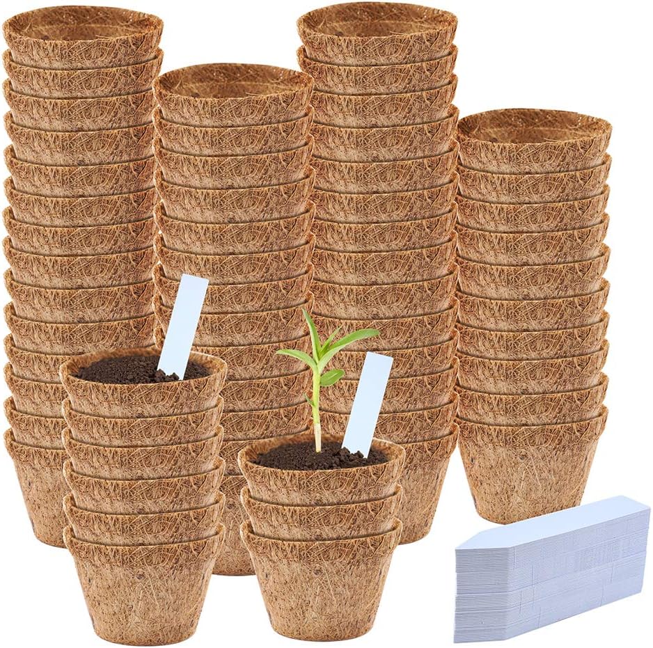 WXJ13 75 Pieces Coco Peat Pots Natural Shredded Coconut Peat Pots Environmental Protection with 100 Plastic Plant Markers