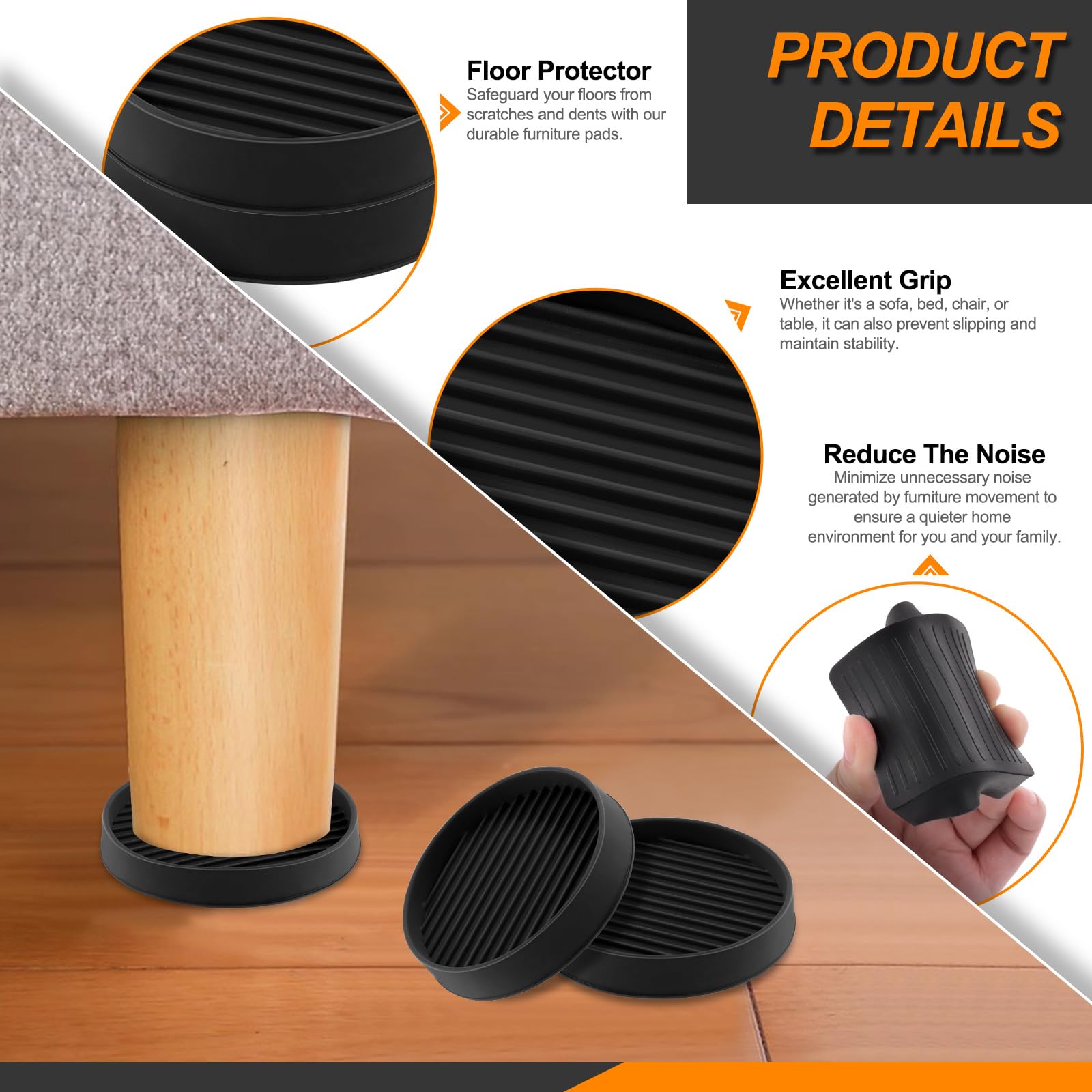 Rustark 8Pcs 50mm 2 Inch Black Round and Square Rubber Caster Cups Non Slip Furniture Coasters Square Pads Hardwoods Floors Protectors Non Skid Square Furniture Feet Caps for Bed Couch Tables Chair - Image 4