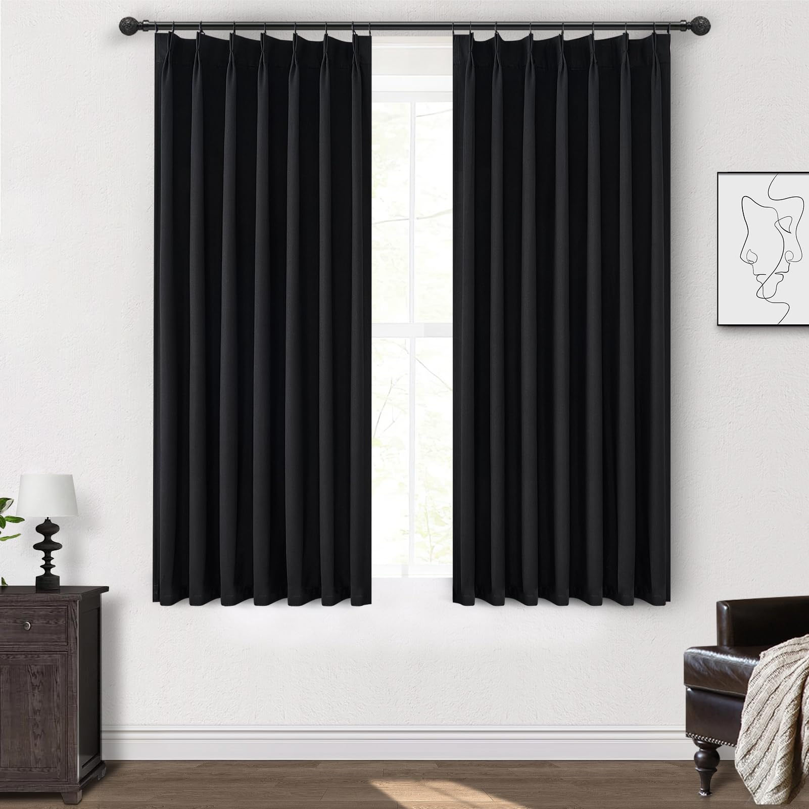 Black Out Kitchen Curtains 45 Inch Length 2 Panels Set, Mini Textured Linen Pinch Pleated Thick Drapes Room Darkening Insulated Black Small Window Curtain with Hooks Rings Back Tab 40"Wx45"L Blackout — image 1